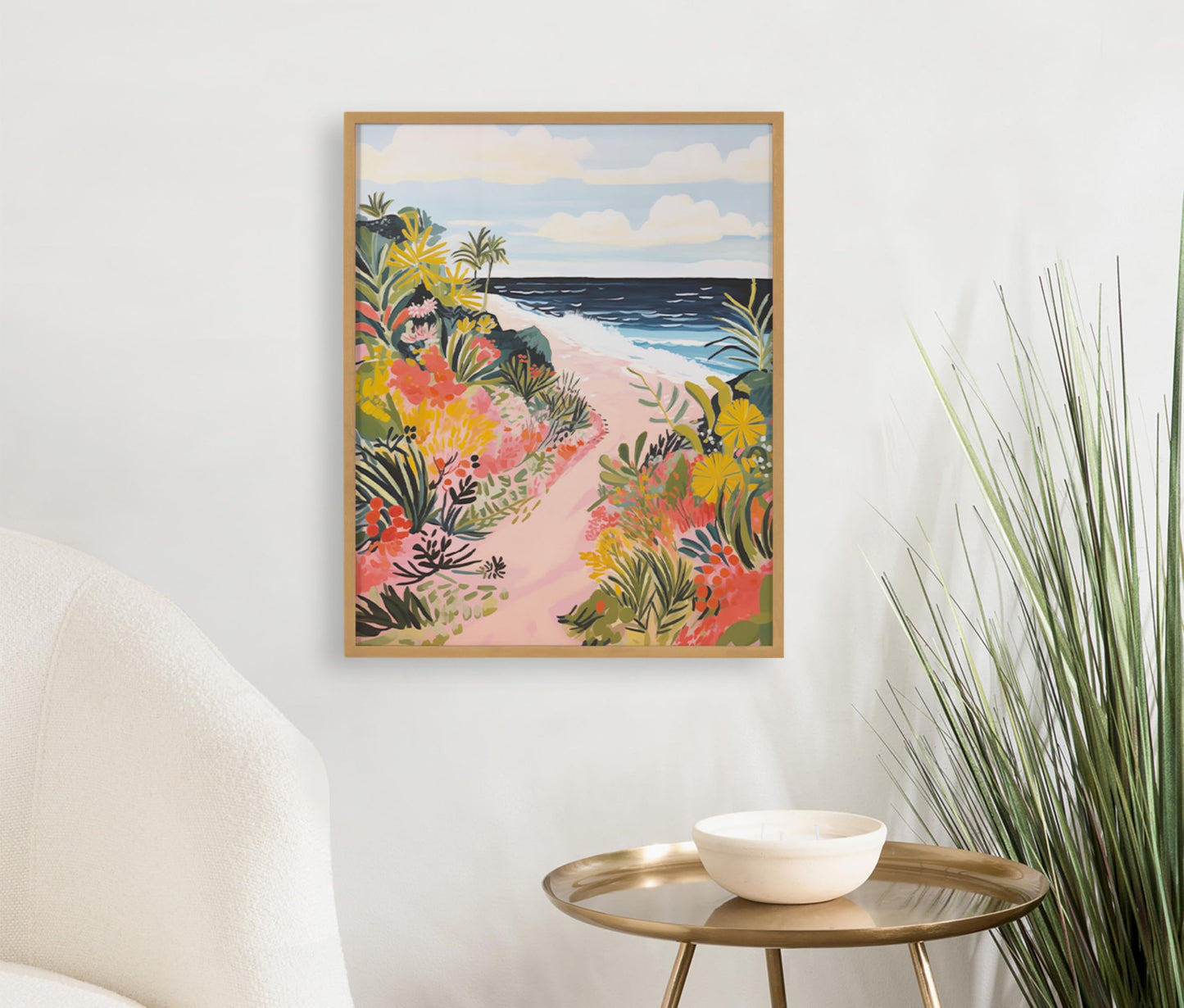 Kate and Laurel Tropical Bright Ocean Path Landscape Framed Wall Art by The Creative Bunch Studio; 16x20 Gold; Coastal Beach Landscape Art for Wall