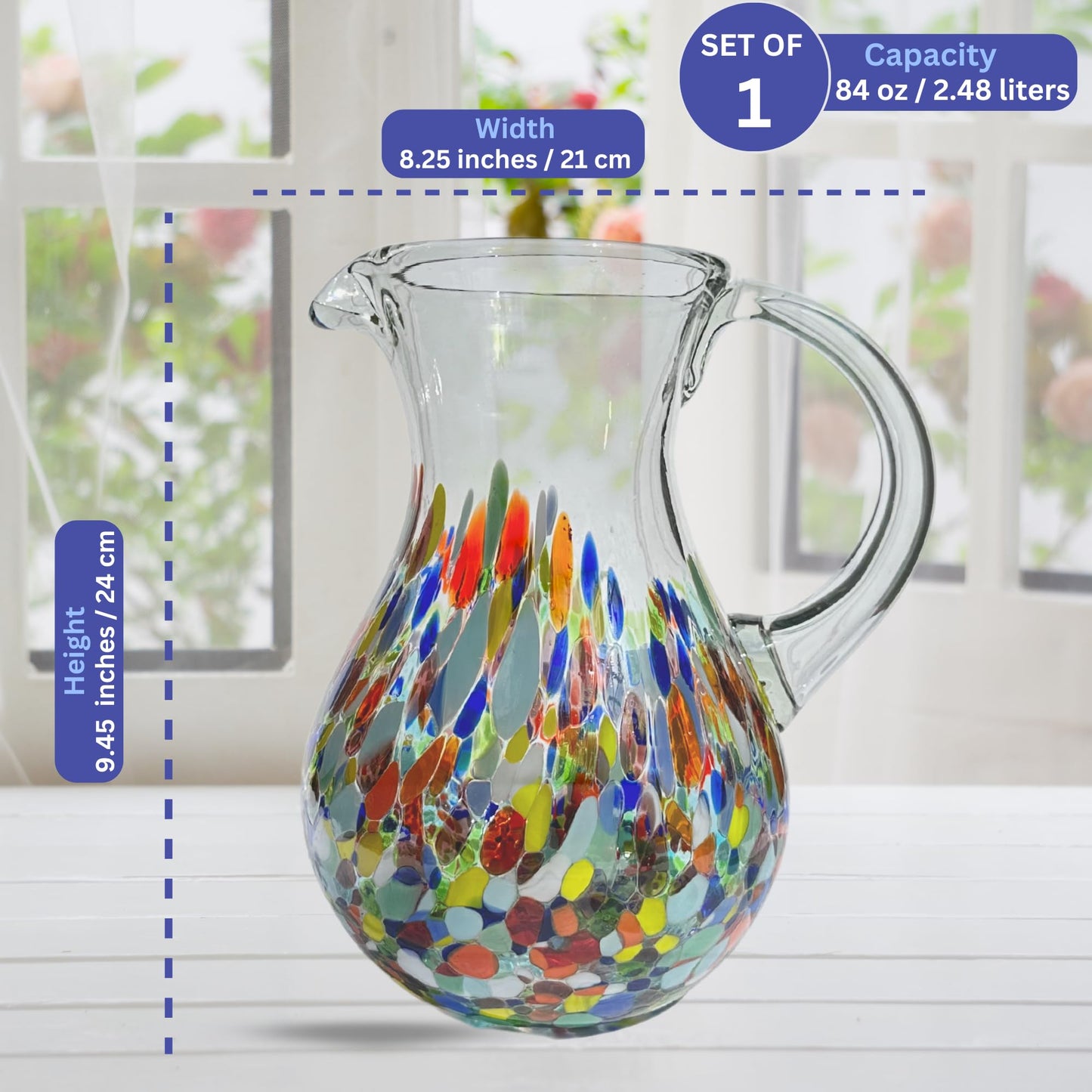 AGAVE'S GLASSWARE Glass Pitcher (84 oz) | Confetti Carmen Water Pitcher | Mexican Glassware | Pitchers for Drinks | Tea Picher Juice Pitcher (Pera Design Confetti Carmen 84 oz)
