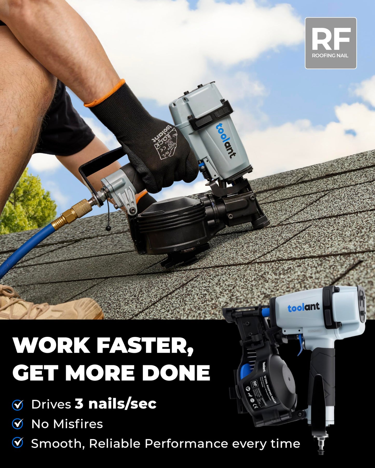 toolant Roofing Nailer, Pneumatic Roofing Nail Gun for 3/4" to 1-3/4" Nails, 120 Coil Capacity, 70-120 PSI, 15 Degree, Heavy Duty Roofing Tool for Asphalt Roofing Shingles, Fencing, and Wood Siding