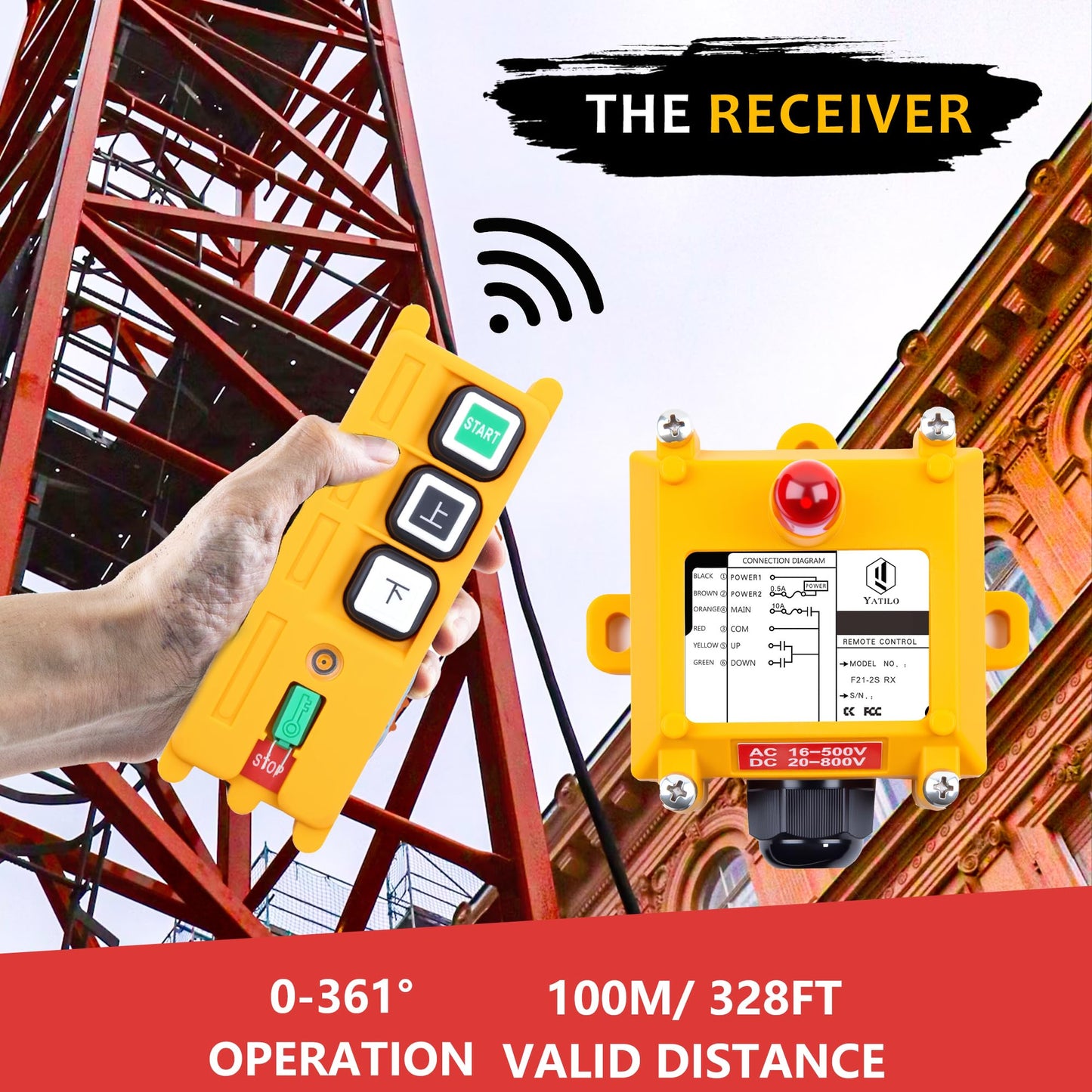 Yatilo F21-2S Industrial Wireless Crane Remote Control Kit for Overhead Crane, Hoist and Winch, 2 Channels, Universal Wide Voltage 16V-440V AC/DC, IP65 Waterproof (1 Transmitter & 1 Receiver)