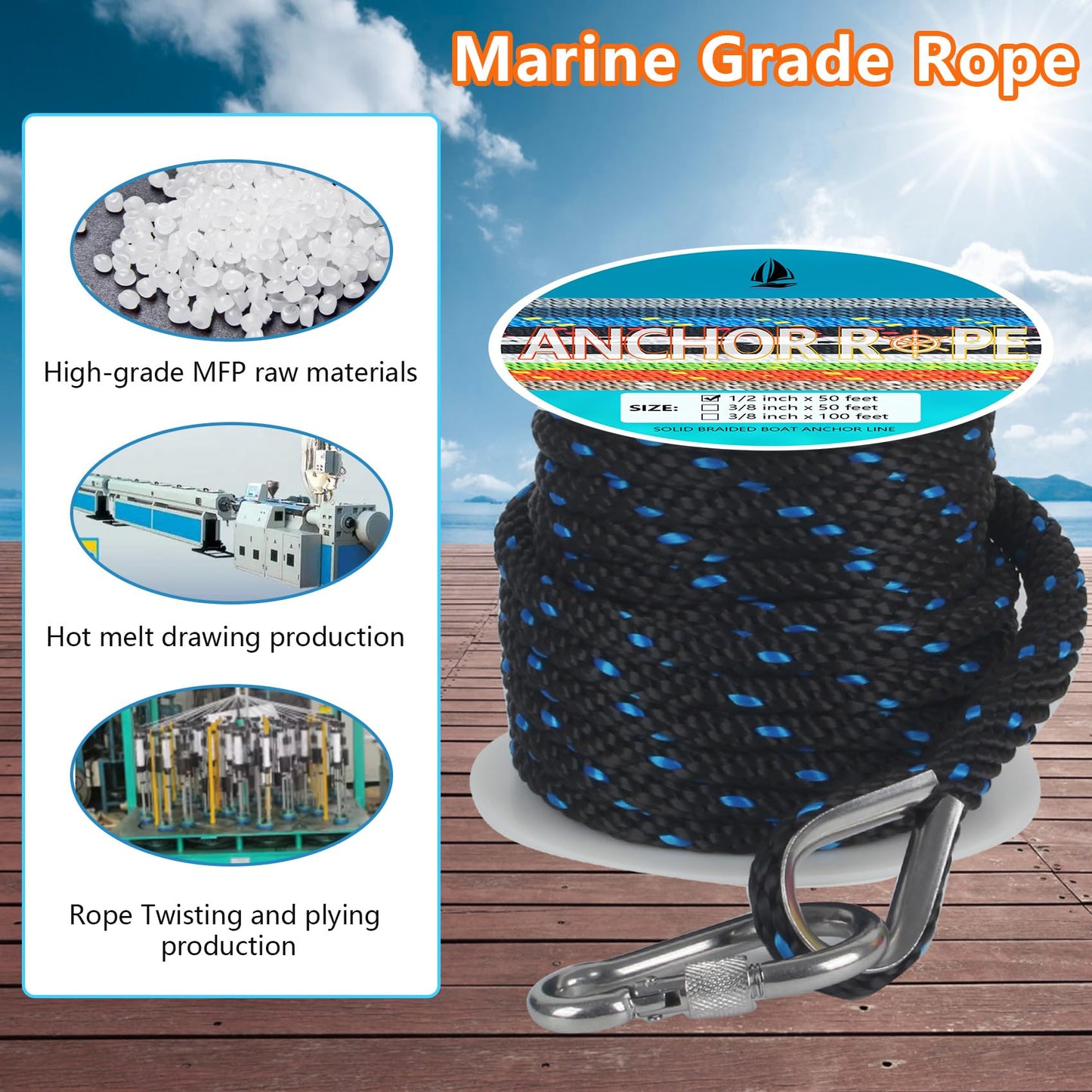 1/2 Inch 50 FT Anchor Rope, Boat Anchor Rope Solid Braid MFP, Anchor Line with 316 Stainless Steel Thimble and Snap Hook - Black & Lake Blue