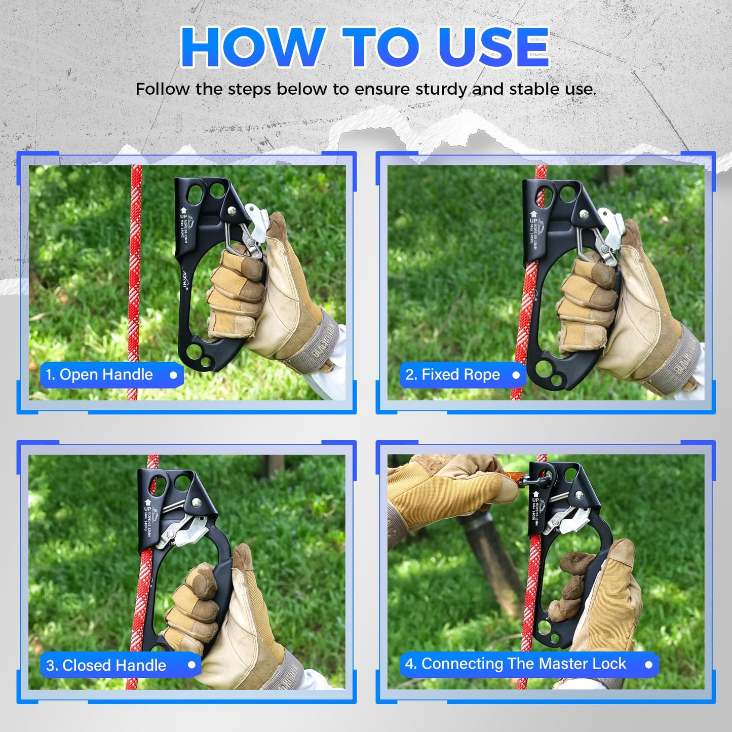 Erosados Hand Ascender for Outdoor Rock Climbing Ascender Strong Rappelling Gear for 8-13mm Rope Climbing Equipment for Tree Climbing Mountaineering Caving Adventures (Right Hand)