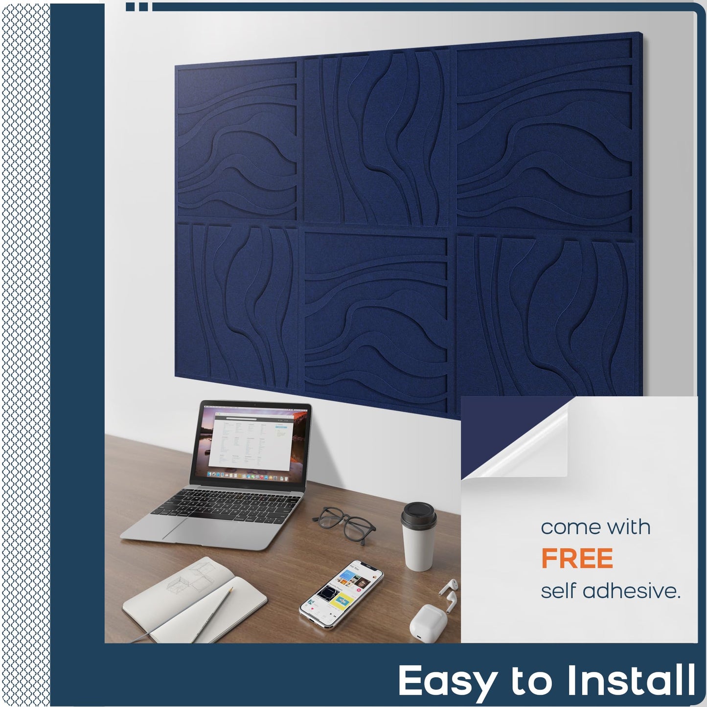 BUBOS Art Acoustic Wall Panels 6 Pack - 23.6"x23.6" Self-Adhesive Sound Proof Panels, Decorative Sound Absorbing Panels for OFffice, Home Theater & Studio Recording Equipment, Navy Blue