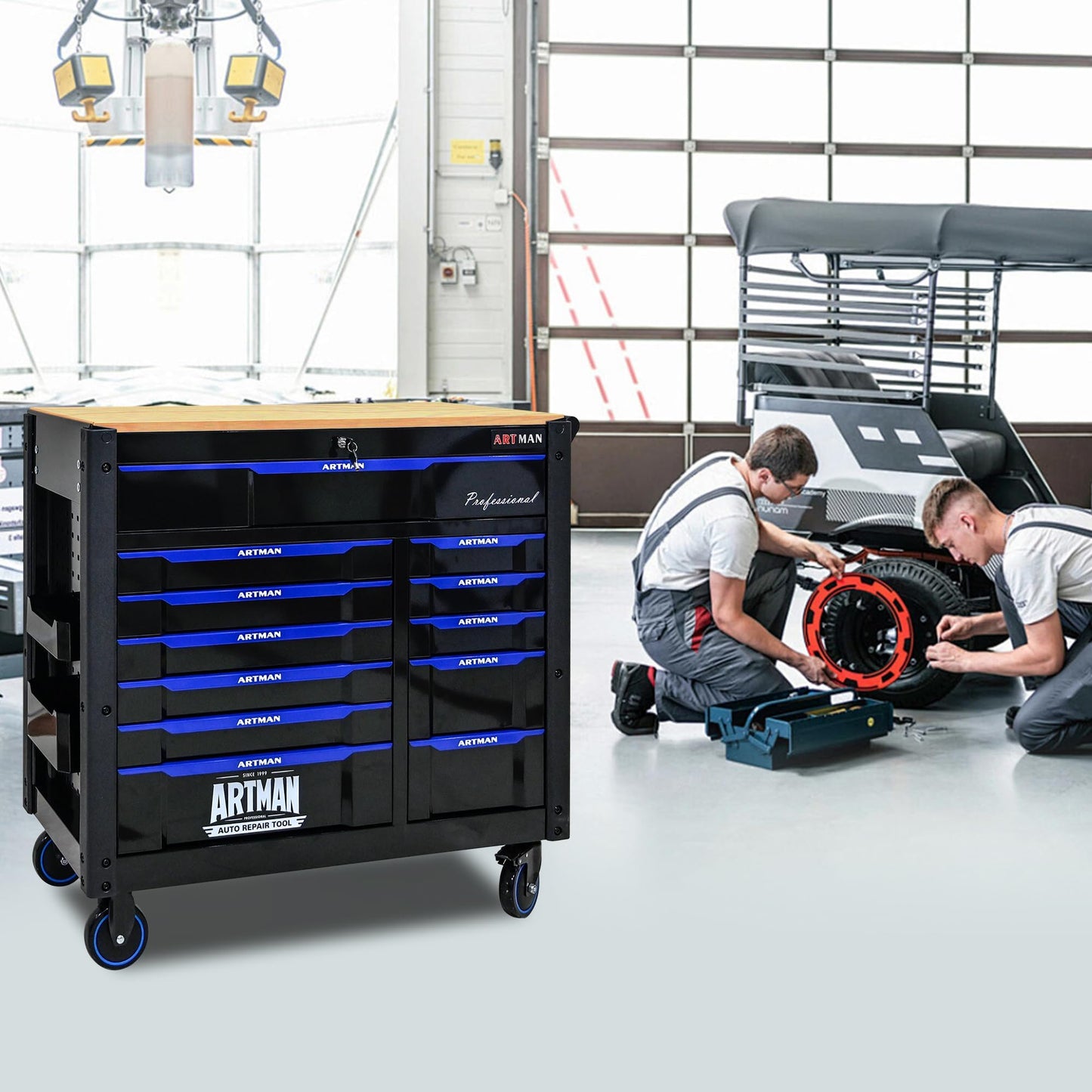 Heavy Duty Rolling Tool Chest with 12-Drawer Tool Cart Mechanic Tool Box with Wheels Tool Storage Cabinet Mobile Workbench Tool Bench for Garage, Workshop, Warehouse, Repair Shop, Wood Top