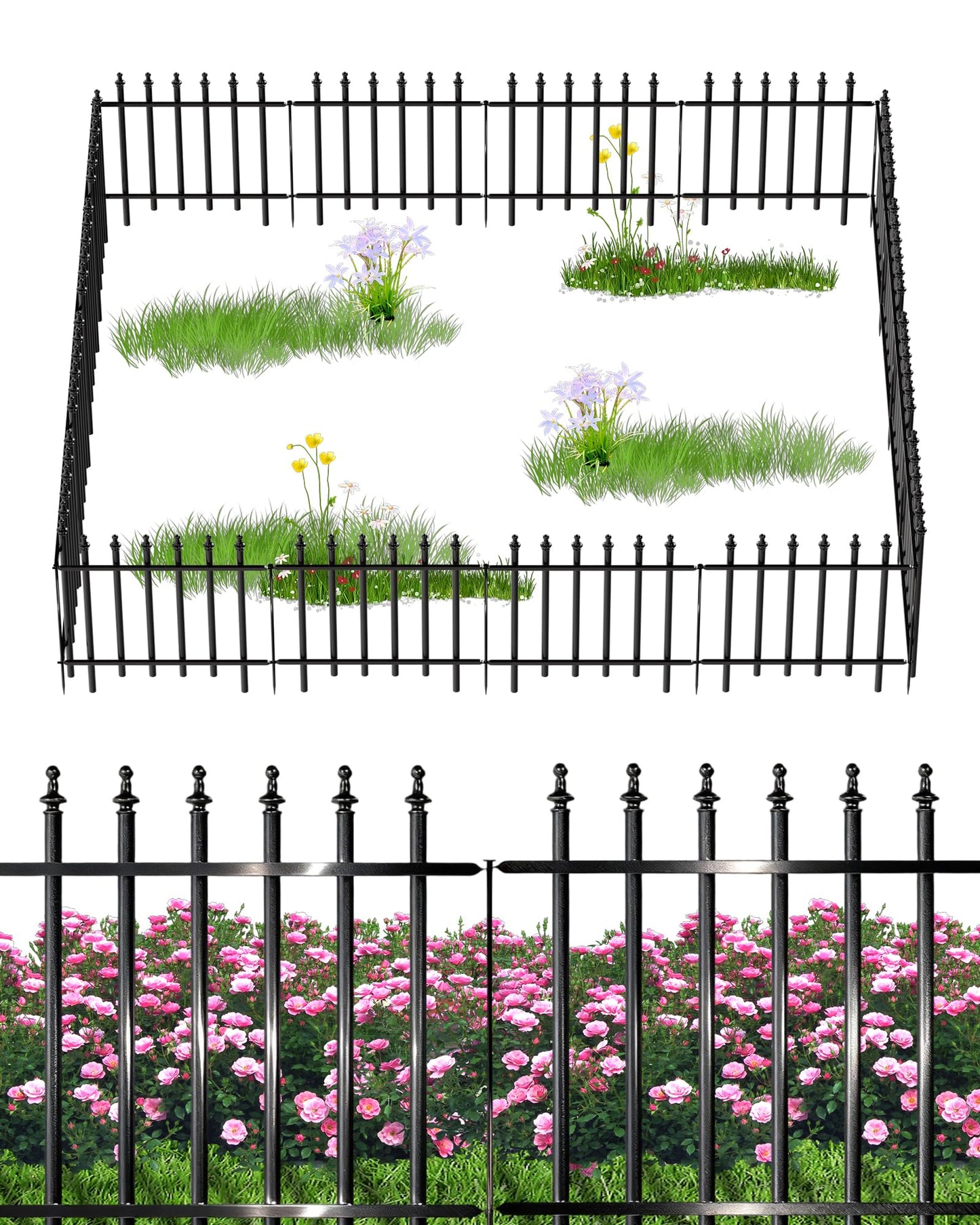 10-Panel Strong Dog Fence, 32in H x 24ft L, Thickened Hollow Iron Tubes, High-Density Metal Barrier for Yard, No Dig Temporary Fencing