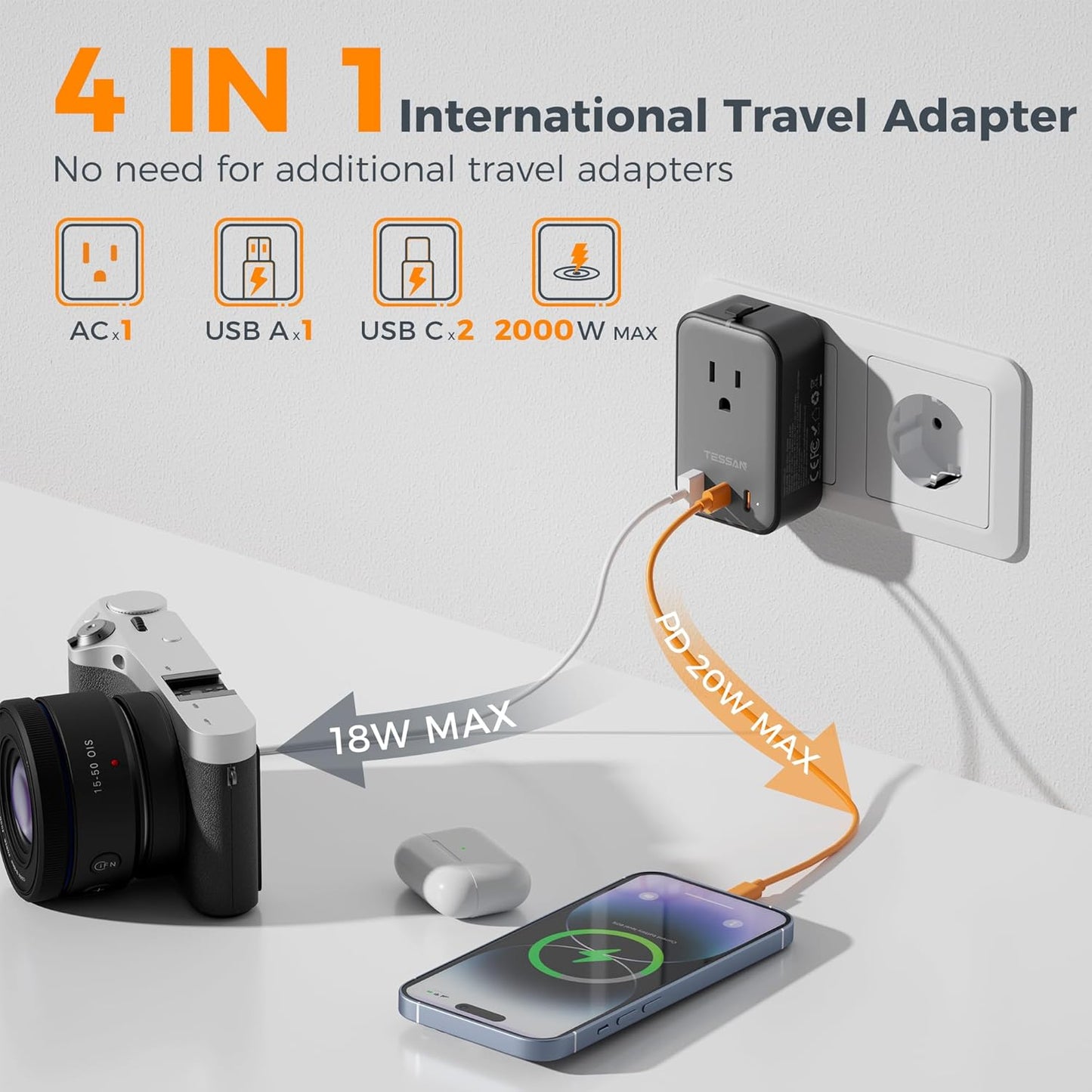 20W, 2 1 1 Pack TESSAN Travel Adapter PD Universal Power Adapter USB C USB A, Ultra Thin International Plug Adaptor