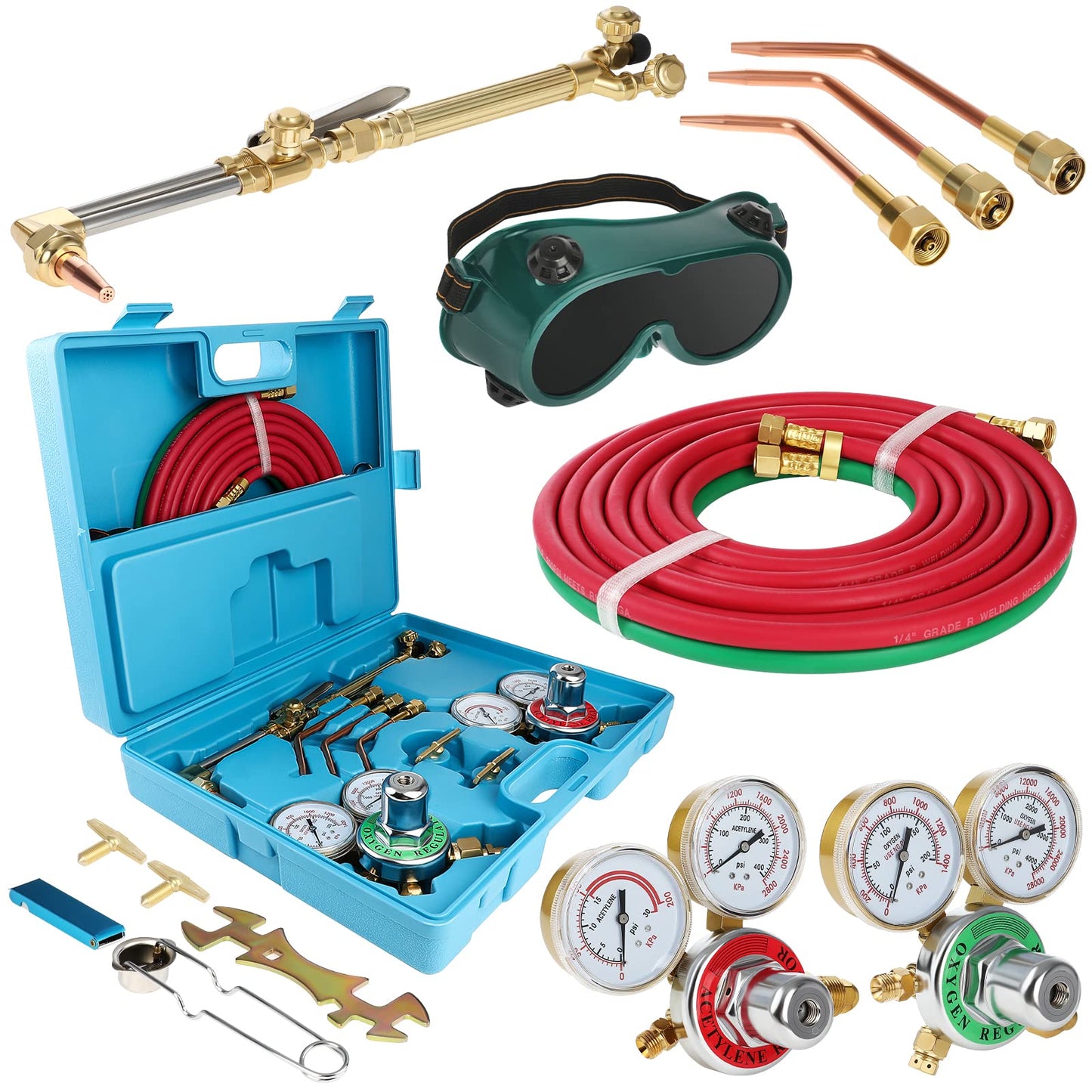 Oxygen Acetylene Torch Kit, Cutting Torch and Welding Kit, Oxy Gas Welding Cutting Brazing Set, Gas Welding Kit, Portable Oxy Acetylene Torch Welder, With Nozzles, Regulator, Hose Gauges, Blue Case