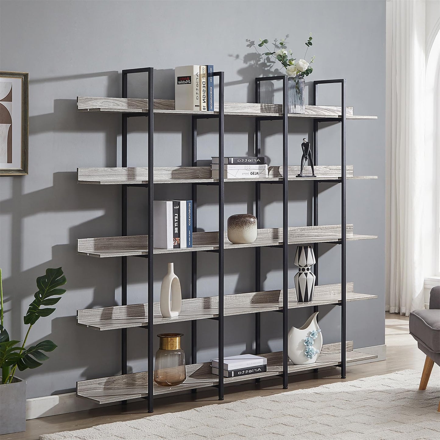 LKJYBG 5-Tier Bookcase with Metal Frame Vintage Open Bookshelf Industrial Style Book Case for Home Office Living Room Grey