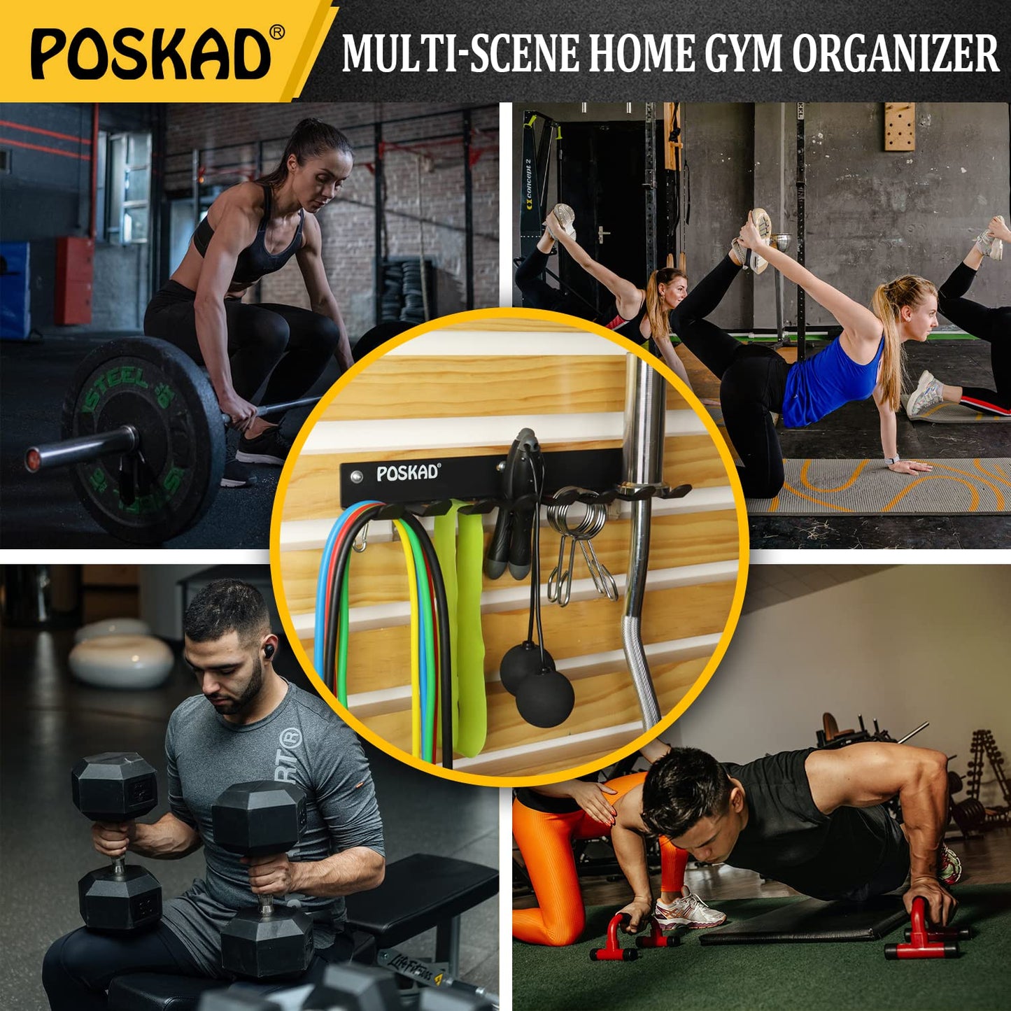 Poskad Gym Storage Rack,8 Hook Heavy-Duty Steel Gym Organizer Wall Mount Hanger for Home and Pro, Gym Accessory Storage Resistance Bands,Jump Ropes,Lifting Belt,Barbells. (16''-8 Hooks)
