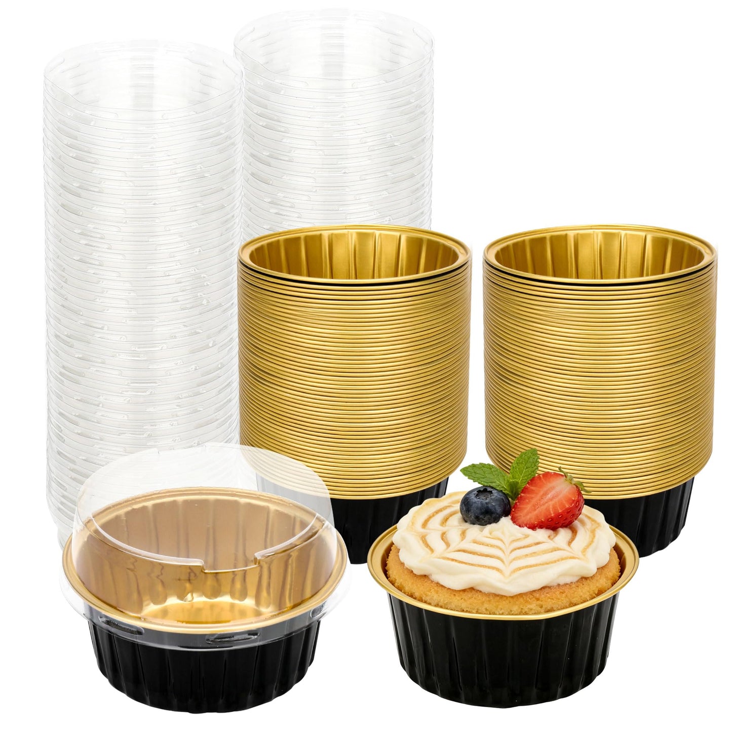 100 Pcs 8 Oz Round Ramekins Cups With Lids,Aluminum Foil,Mini Baking Cups For Creme Brulee,Cupcake,Cheesecake,And Glutinous Rice Cake, Black And Gold