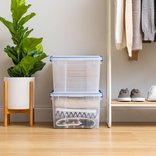 IRIS USA WeatherPro 44 Qt Storage Bins - BPA-Free Plastic with Tight Latch & Seal, Stackable | Clear/Blue, 2 Pack