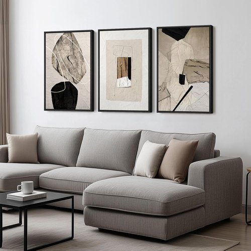 Framed Neutral Abstract Wall Art Set by [Brand Name] - Modern Canvas Prints for Living Room | 16x24 Inch Minimalist Black and Beige Decor