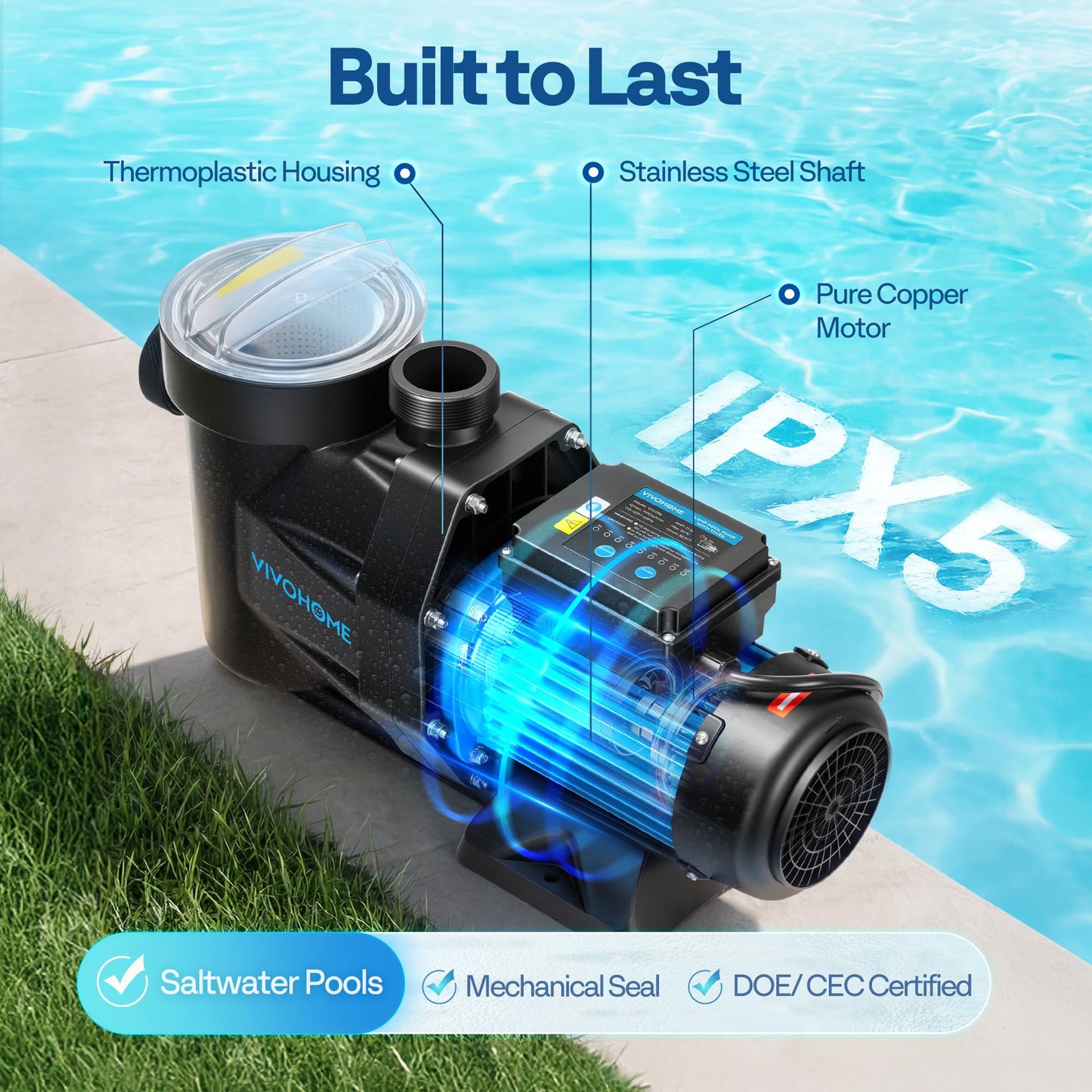 VIVOHOME Self Primming in/Above Ground Swimming Pool Pump w 1.25'' & 1.5" & 2.0'' Unions Energy Saving w/Strainer Baske, 7140 GPH