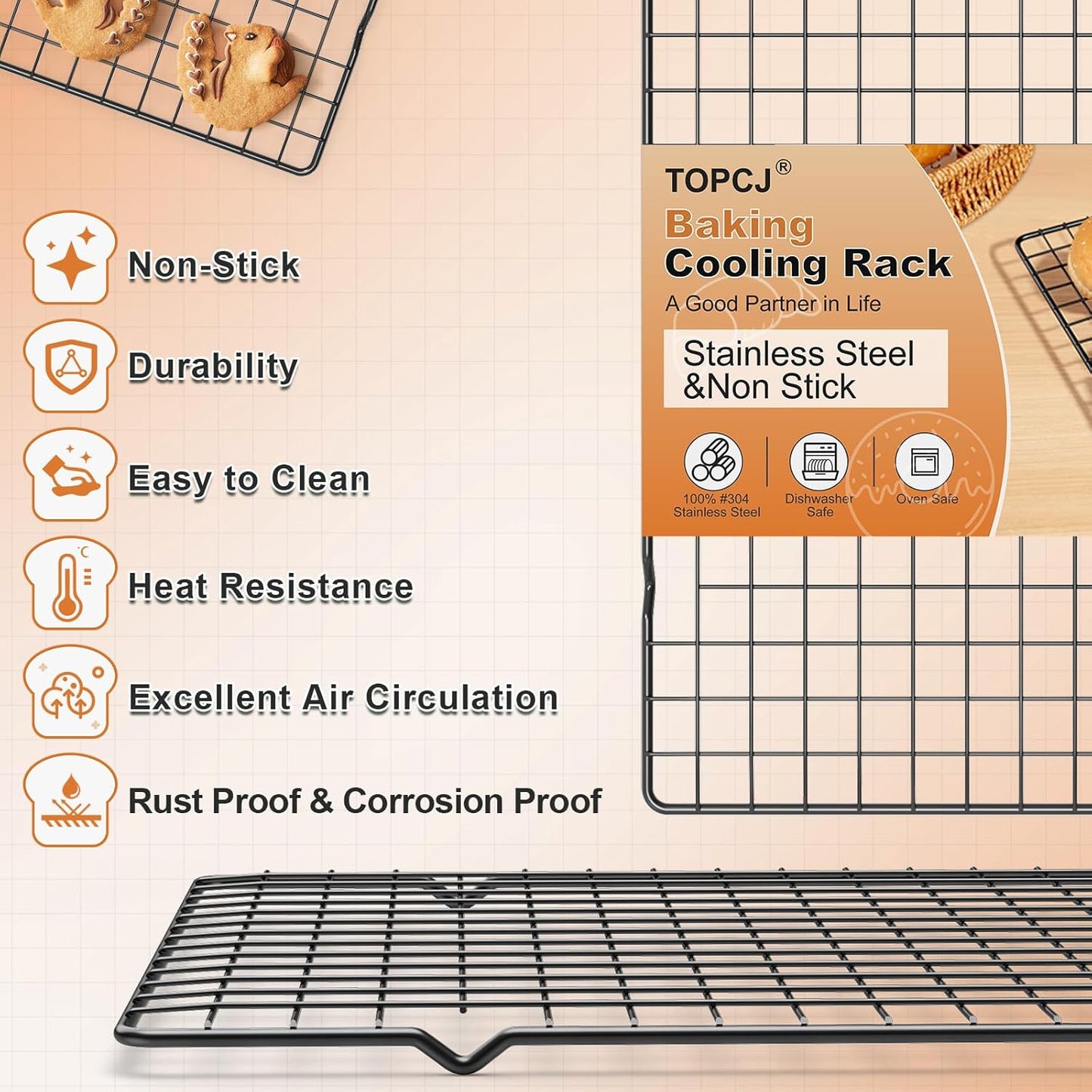 TOPCJ Cooling Rack - 2PCS Heavy Duty Stainless Steel Baking Rack | 10”X15” Non-Stick Grilling & Roasting