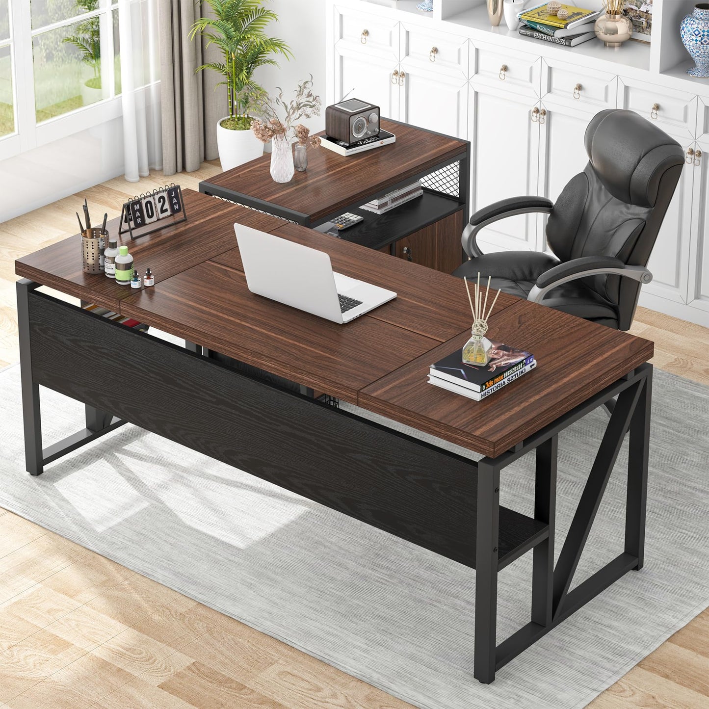 Tribesigns 63" Executive Deskwith Drawer Cabinet, L Shaped Desk and lateral File Cabinet, 2 Piece Home Office Furniture Set with Drawers for Hanging, Doors with Locks (Dark Brown, 63 inches)