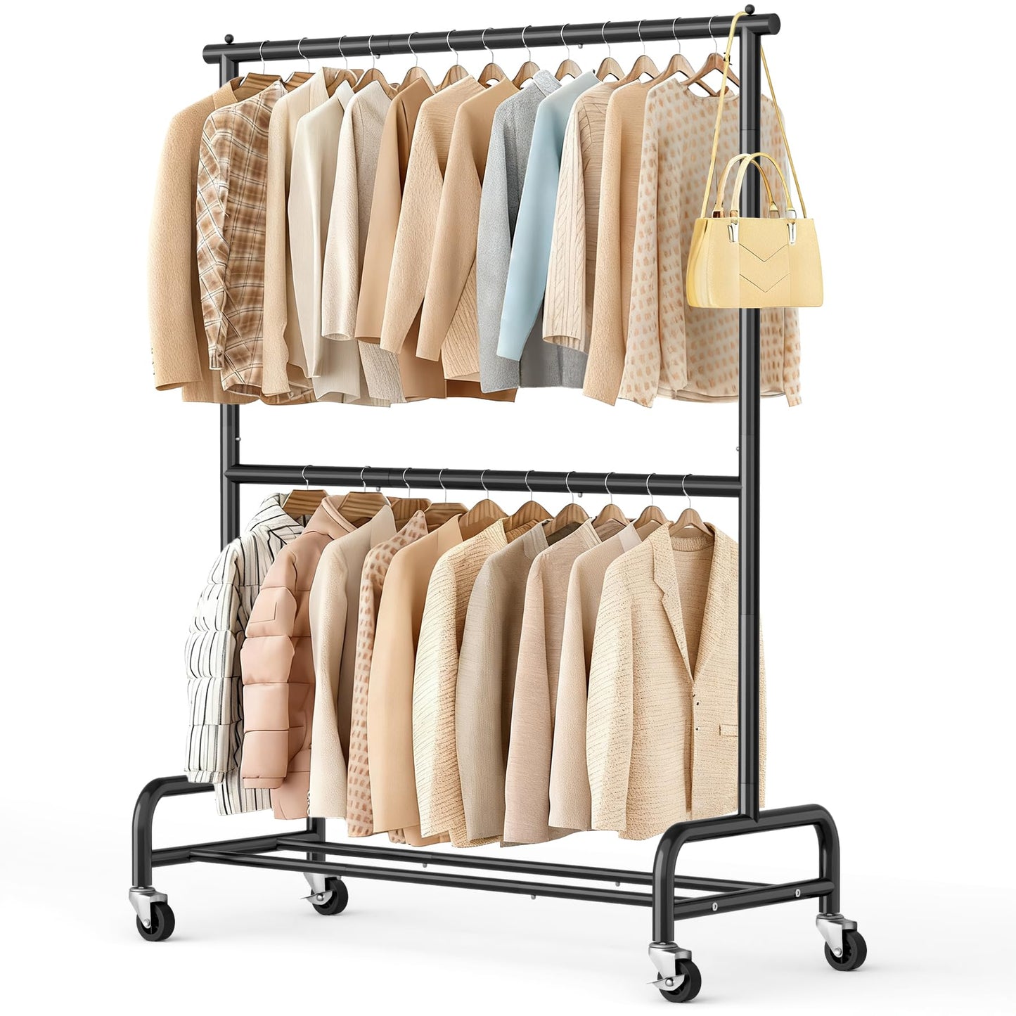 SLEEPING LAMB Heavy Duty Clothes Rack with Wheels, Metal Rolling Garment Rack for Hanging Coats, Shirts (Black)
