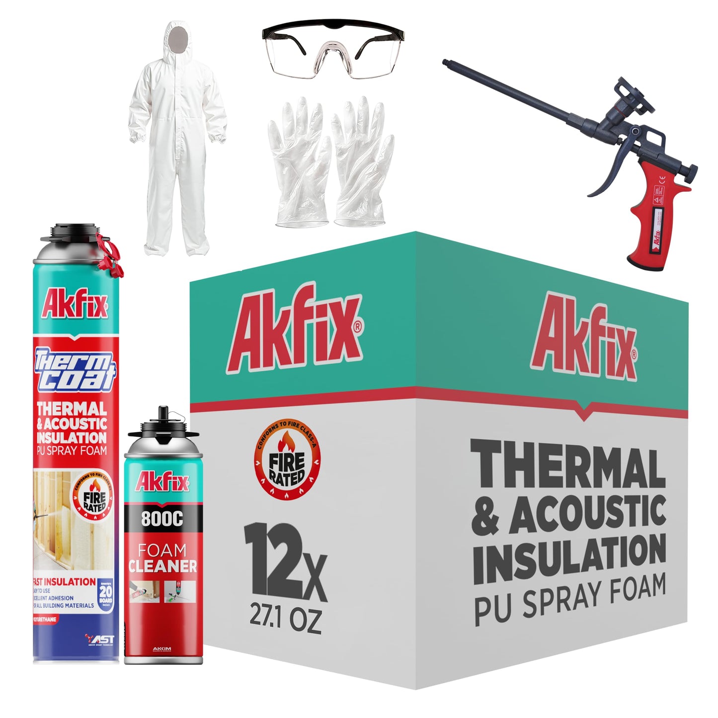 Akfix Thermcoat Fire Rated Spray Foam Insulation Kit 240 sq ft (12x27.1 oz.) - (R-Value 11.32/2 in) Closed Cell Expanding Wide Sealant Thermal Insulation for Walls and Attic - Gun & Cleaner Included