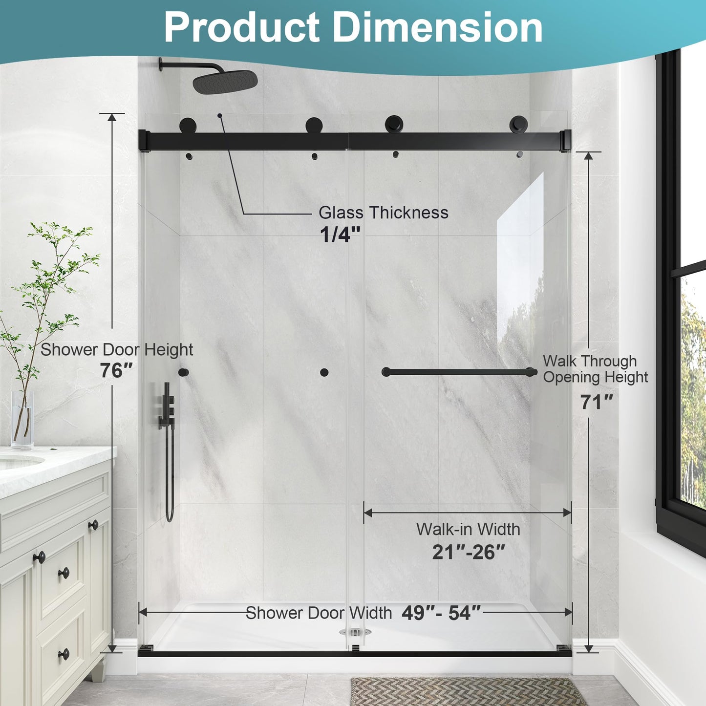 KPUY Frameless Shower Door, 49-54" W x 76" H Double Sliding Glass Shower Door, 1/4" (6mm) Thick Tempered Clear Glass with Explosion-Proof Film Nano Coating, Matte Black