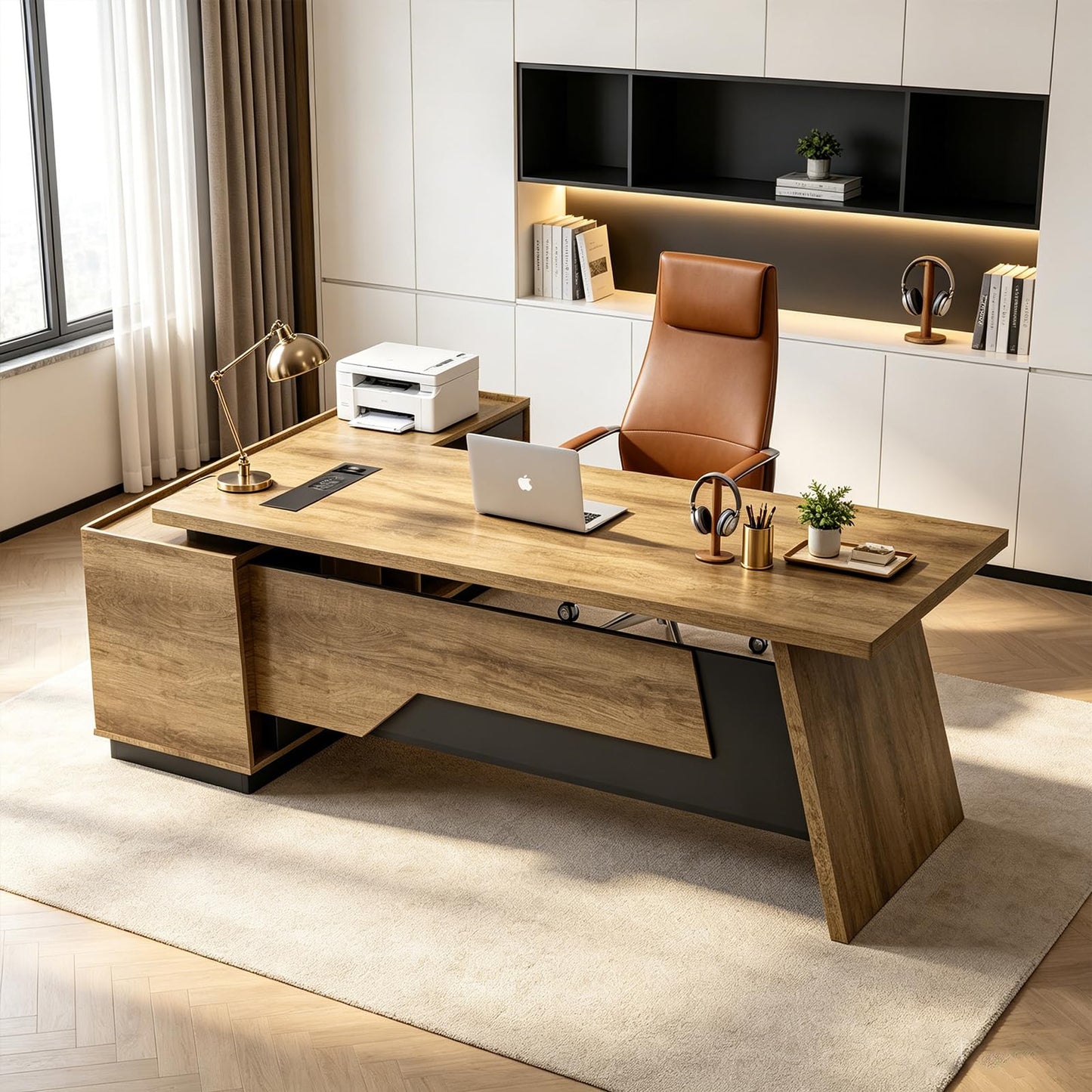 ONNAHOMEStlyle L-Shaped Executive Desk (71" or 79") | with Built-in Dual Charging & Wireless on Desktop | Drawers & Printer Space, Modern Office Desk for Home & Business Offices(Right)