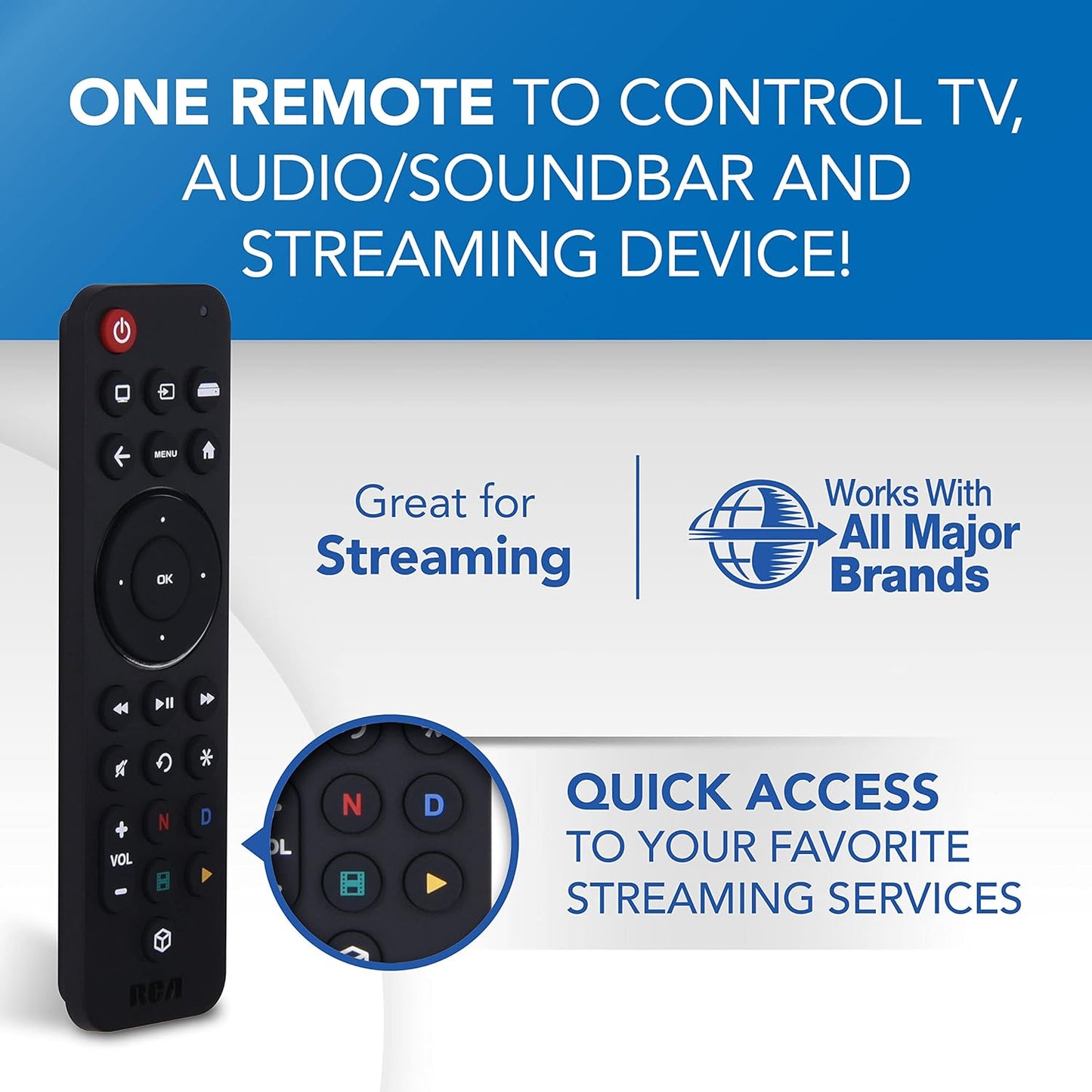 RCA 3-Device Universal Rechargeable Streaming Remote Control for TV, Audio, Soundbar, Streaming Devices, Ultra-Slim