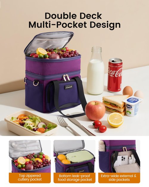 LOVEVOOK Insulated Lunch Bag For Women Men,Expandable Double Deck Lunch Box With Large Cup Holder,Leakproof Cooler Bag For Adult Lunch Tote Bag Work Picnic Beach with Adjustable Shoulder Strap Gift