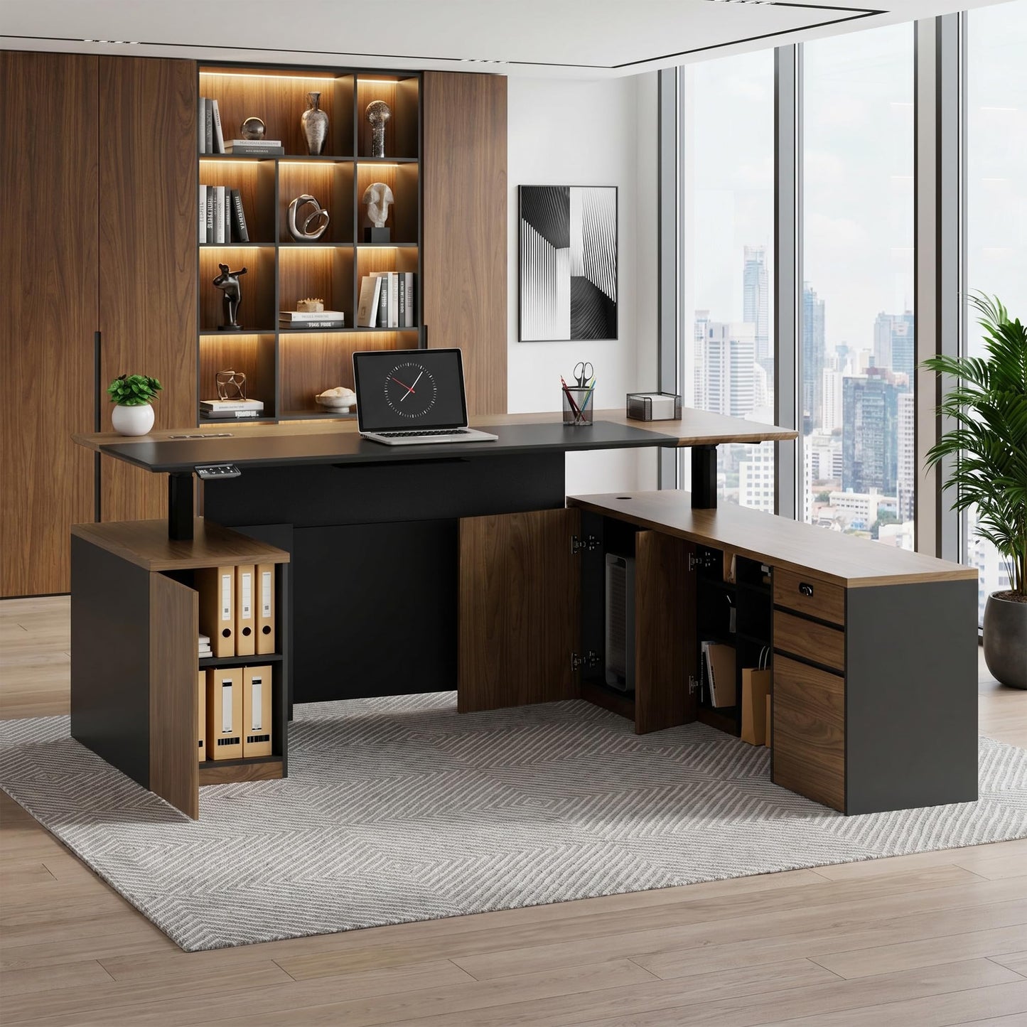 ZIMASYA 79" L Shaped Executive Desk with File Cabinet Drawers Outlet USB, Dual-Motor Adjustable-Height Modern Executive Desk with Privacy Panel for Boss Managers Office Home Natural Wood & Grey