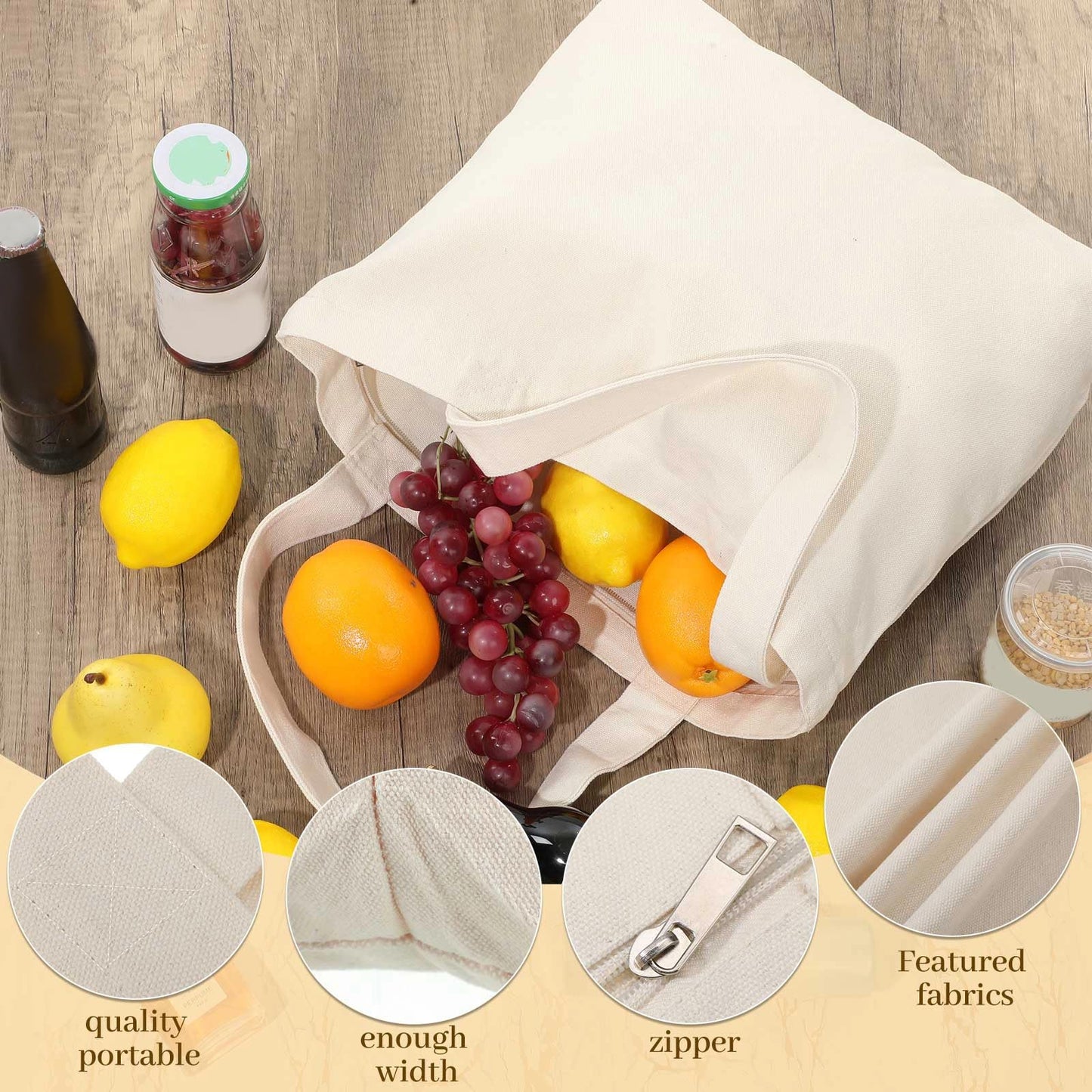 Epakh Canvas Tote Bag with Zipper - Bulk Reusable Large Blank Cotton Grocery Shopping Tote for Women Men DIY Crafting(16.5 x 3.9 x 13.4 Inch,Beige,8 Pack)