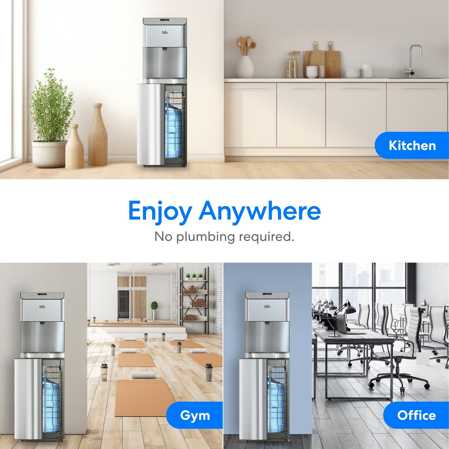 Brio Moderna Bottom Load Water Cooler Dispenser - Tri-Temp, Adjustable Temperature, Self-Cleaning, Touch Dispense, Child Safety Lock, Holds 3 or 5 Gallon Bottles, Digital Display and LED Light