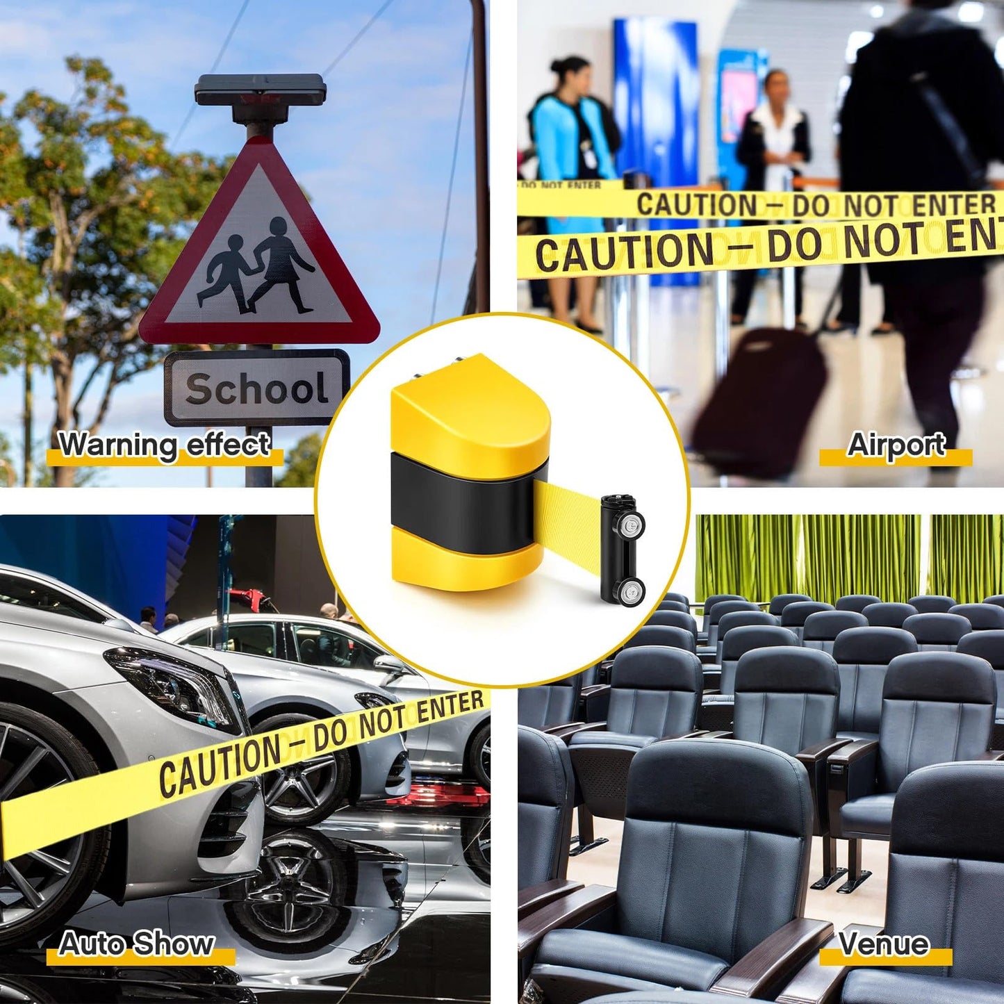 Barydat 4 Pcs 16.4 ft Magnetic Retractable Wall Mount Barrier, Crowd Control Safety Belt with ABS Case for Grocery Retail Store Stadium (Caution Do Not Enter,Yellow)