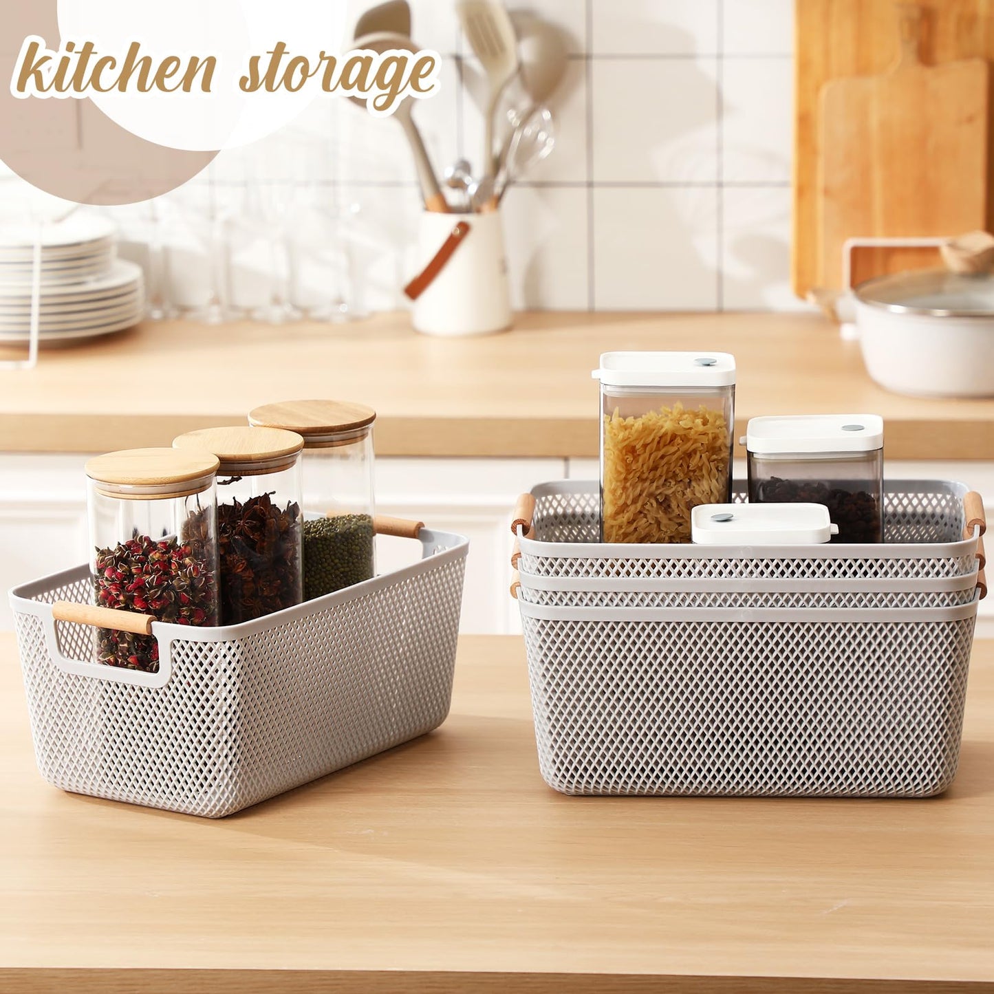 Ziliny 4 Pcs Plastic Mesh Baskets with Handles - Mesh Storage Hanging Organizer Bin Container Baskets for Home Organizing Pantry Closet Cabinet Kitchen Fridge Fruit Snacks Gifts, Grey(Large)