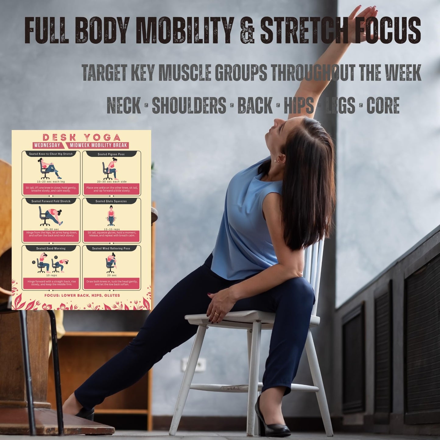 Auroscent Desk Yoga 7-Day Seated Stretching Routine – Chair Yoga Workout Charts, Office Exercise Program for Neck, Shoulders & Back, Daily Mobility & Stretch Guide for Home or Work