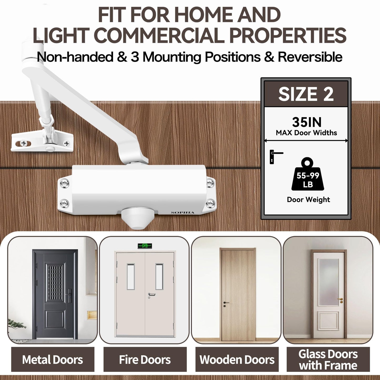 SOPHIA Door Closer for Home, Hydraulic Automatic Door Closer for Residential & Light Commercial Use for Door Weight 55-99LBS, Adjustable Speed, Life Size Fitting Templates, Size 2, White
