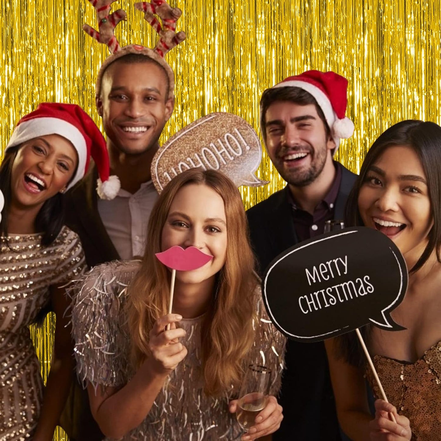 Skiennix Gold Fringe Curtain Backdrop - 5 Pack Tinsel Streamers for Parties & Events | Perfect for Birthdays, Christmas, & Graduations