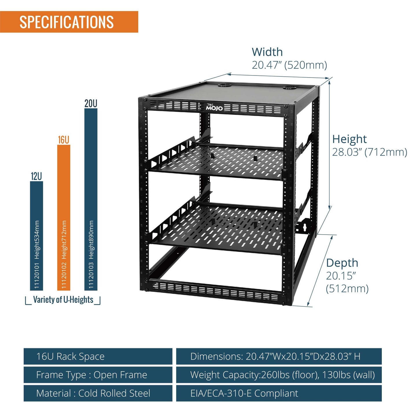 Tecmojo 16U Open Frame Network Rack for IT & AV Gear, AV Rack Floor Standing or Wall Mounted,with 2 PCS 1U Rack Shelves & Mounting Hardware,Network Rack for 19" Networking,Audio and Video Device
