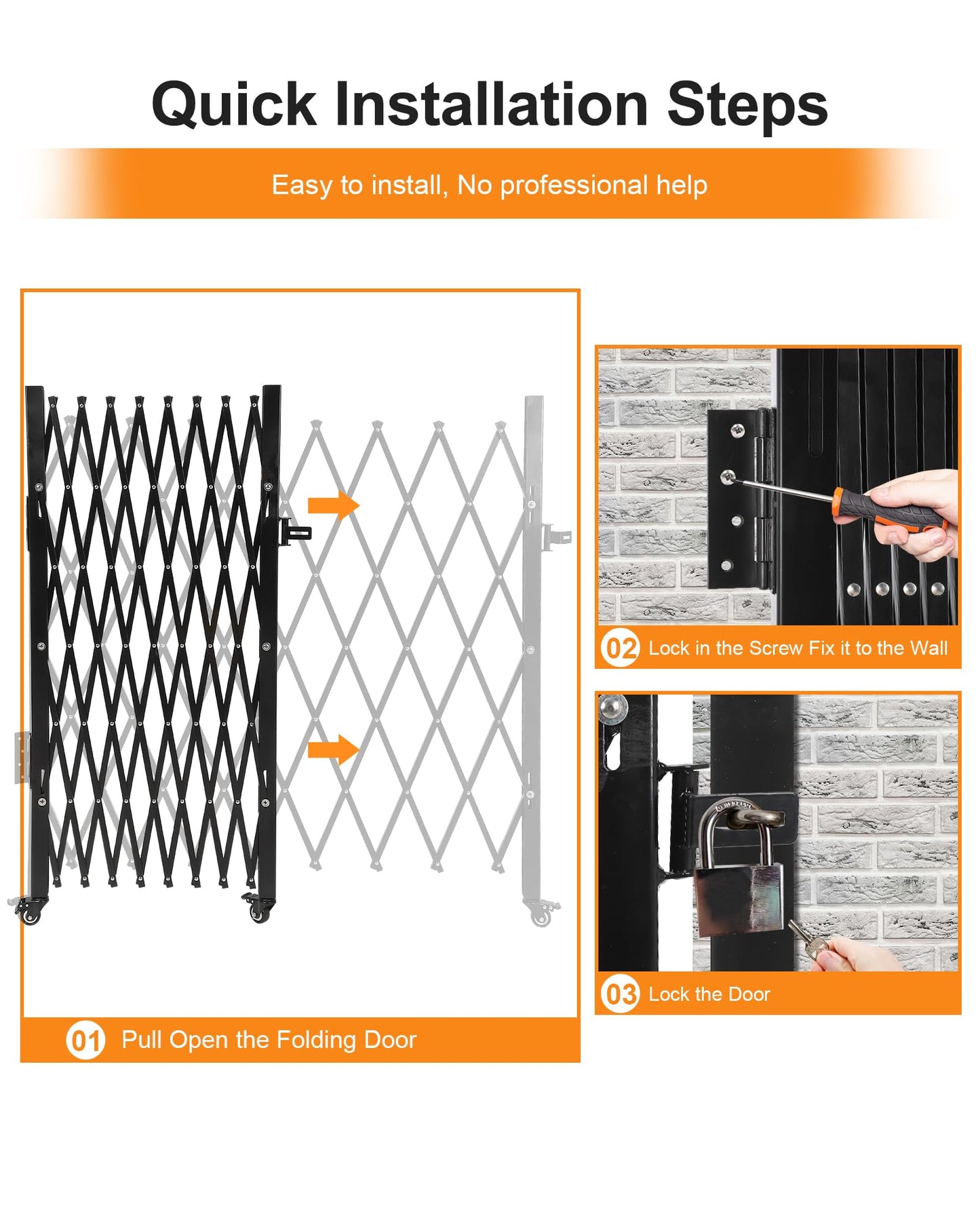 Single Folding Security Gate, 85" H x 85" W Flexible Expanding Security Gate, Folding Driveway Door Gate, Aluminum Security Gate, 360°Rolling Barricade Gate, Scissor Gate or Door, Black