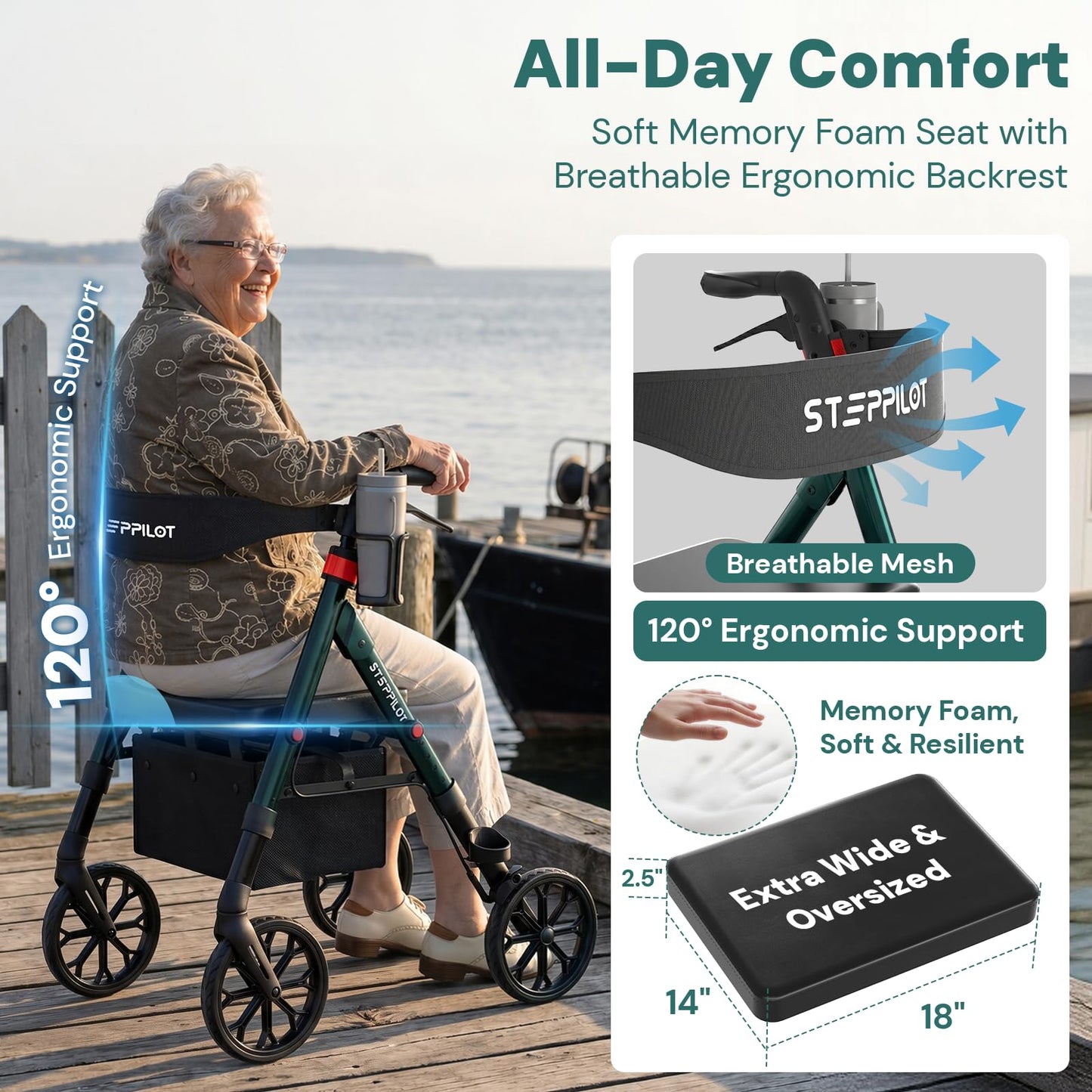 StepPilot Bariatric Rollator Walker with Seat for Seniors, 500lb Capacity Aluminum Frame, Zero Wobble, 16lb Lightweight, 8" All Terrain Wheels, 10-Level Adjustable Handle/Seat, Cup Holder, Cane Clip