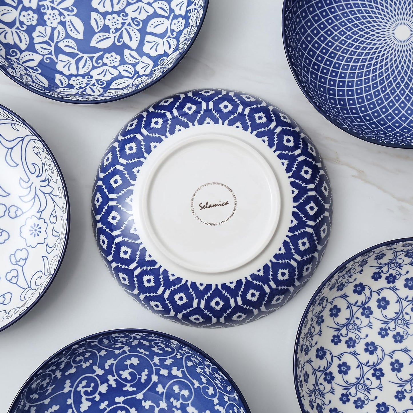 Selamica Ceramic Pasta Bowls Set 34 OZ, Large Salad Bowls 8.6 Inch Dinner Bowls for Kitchen, Wide Shallow Bowls Deep Plates for Pasta Soup, Microwave & Dishwasher Safe, Set of 6, Vintage Blue