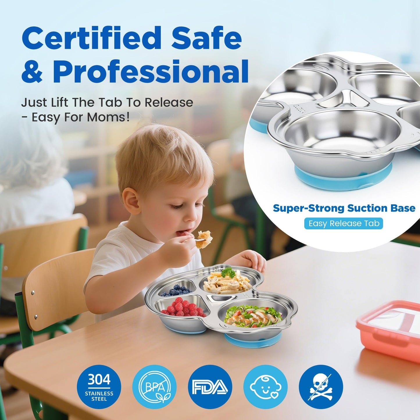 Stainless Steel Baby Suction Plates: Divided Plates Designed for Babies and Toddlers, Made of 100% Food-Grade Materials Ideal for Baby-Led Weaning BPA-Free Toddler Feeding Dishwasher Safe Blue