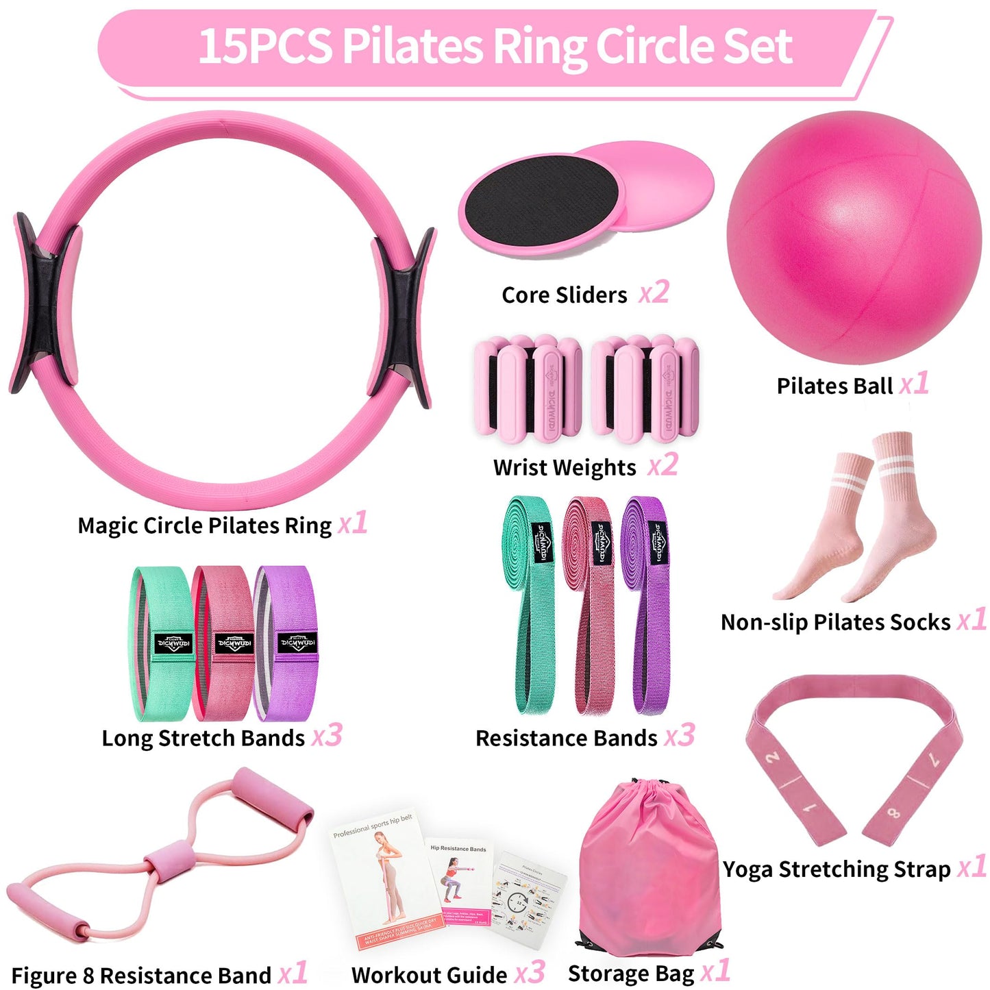 DICYWUDI Pilates Essentials Kit for Home Women, Pilates Equipment for Workouts, 6 Fabric Resistance Bands, 12 Inch Magic Circle Yoga Ring, Mini Exercise Ball, Great Exercise Accessories