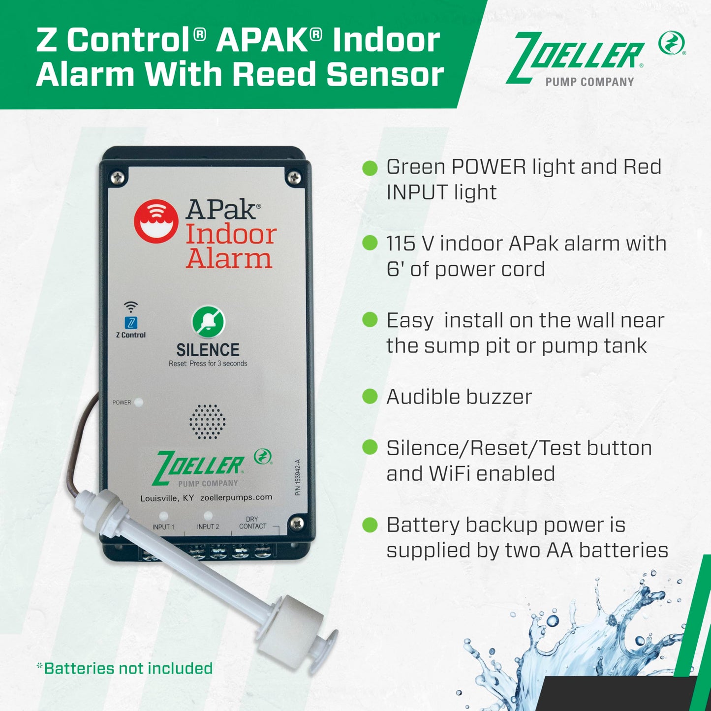 Zoeller APak Z-Control Indoor Alarm System w/Reed Sensor – High-Water Audible & Visual Alert for Basement Sump Pits, Pump Chambers & Holding Tanks – 115V with Battery Backup & Smart Alerts