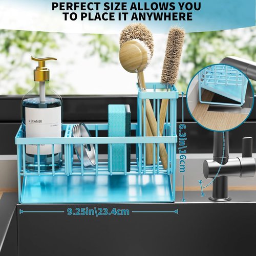 Cisily Blue Kitchen Sink Caddy Organizer - Rustproof Stainless Steel with Brush & Sponge Holder