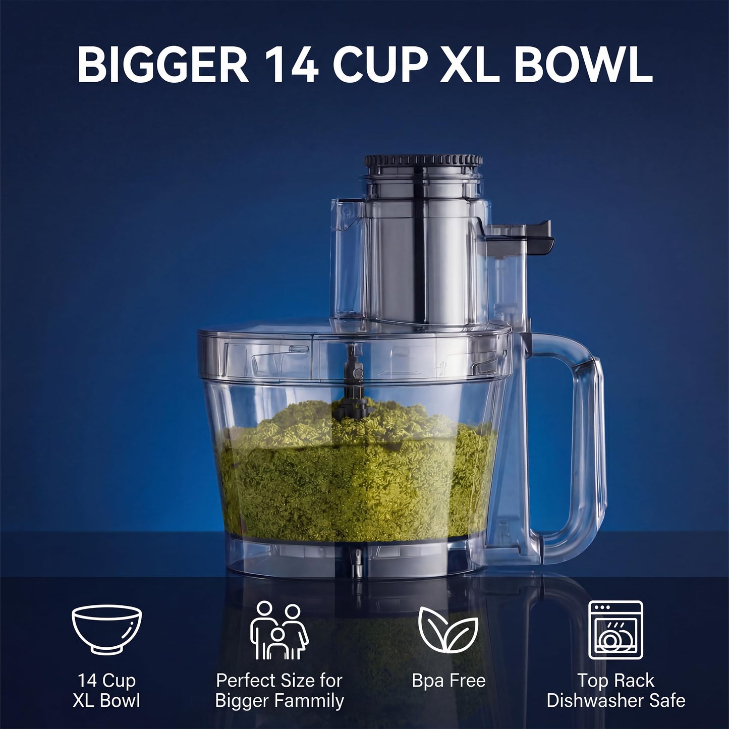 Magiccos 14 Cup Food Processor - XL Bowl Food Processor with Large Feed Chute, French Fry Cutter, Chop Vegetables, Slice Potatoes, Shred Cheese, Mix Dough for Family Meal Prep