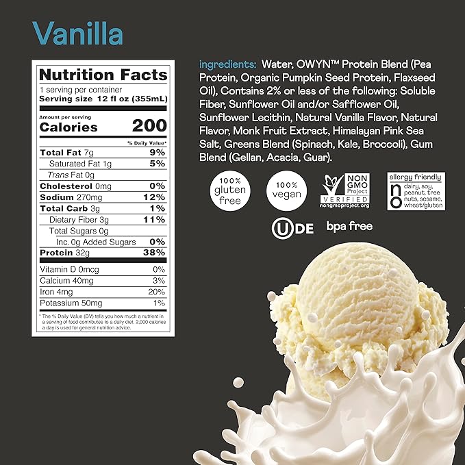 OWYN Only What You Need Pro Elite Vegan Plant Based High Protein Shake, Vanilla, 12 Pack, 32g Protein, Amino Acids, Prebiotics, Omega-3, Workout and Recovery, 0g Net Carbs, Zero Sugar, Keto