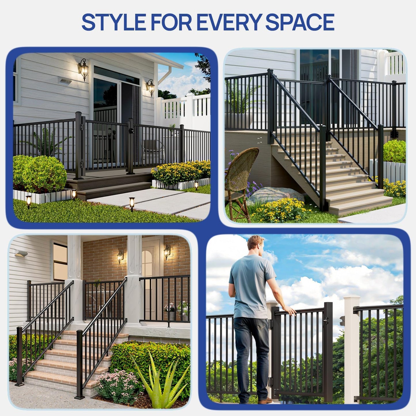 Egadis 4 ft. W Aluminum Deck Gate Kit for 36in. H Railing, Cuttable AAMA2604 Powder-Coat Finish Outdoor Gate Kit with Premium Latch and Auto-Closing Hinge for Deck, Patio, Garden, Yard, Porch
