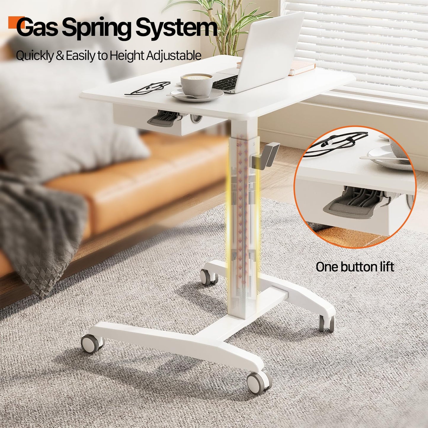 JOY worker Mobile Standing Desk with Storage Drawer, Pneumatic Height Adjustable Mobile Laptop Desk Workstation, White Rolling Cart with Wheels for Home Office Classroom