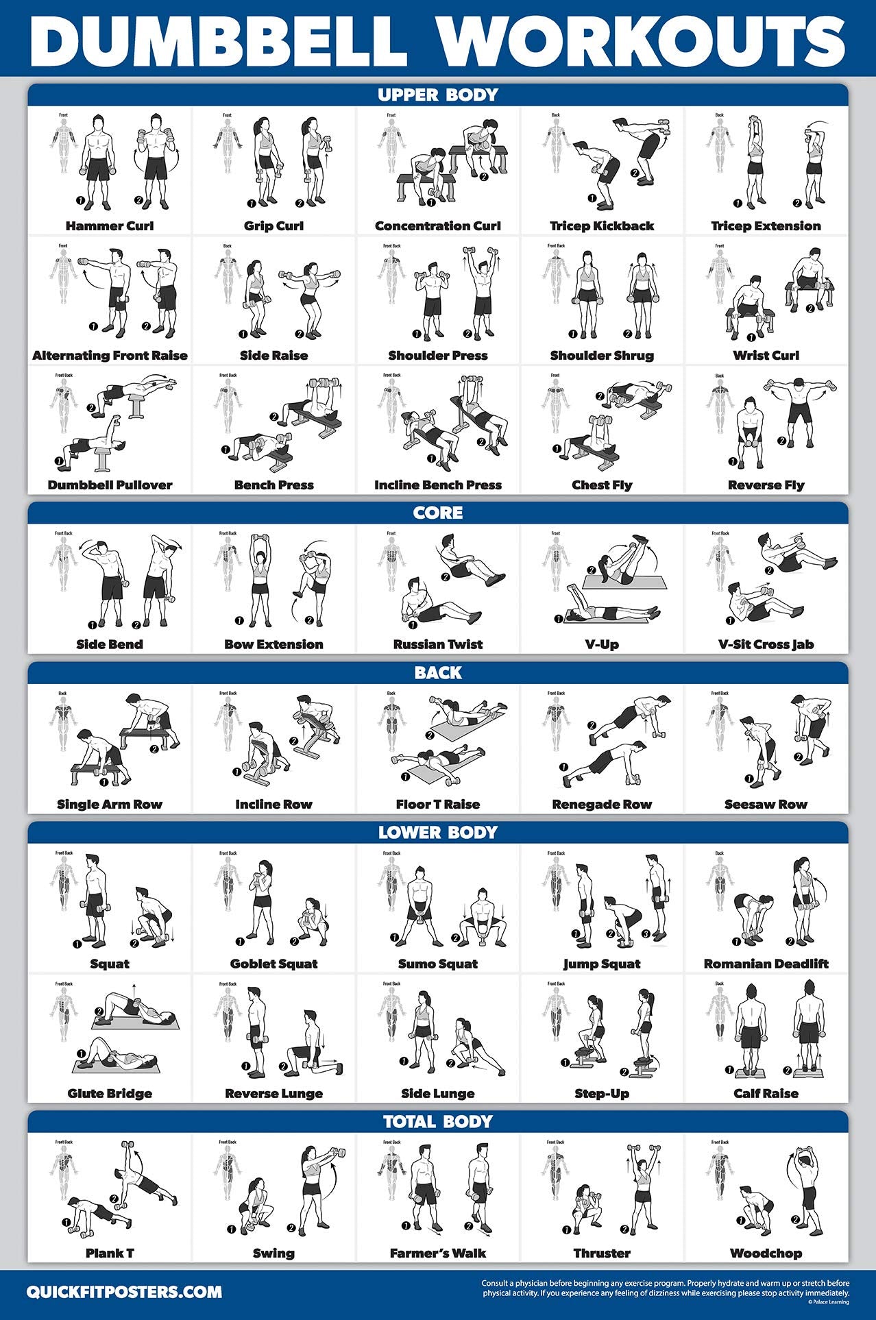 Palace Learning 4 Pack - Cable Machine Workouts + Dumbbell Workouts Vol 1 & 2 + Bodyweight Exercises - Set of 4 Workout Charts (LAMINATED, 18” x 24”)
