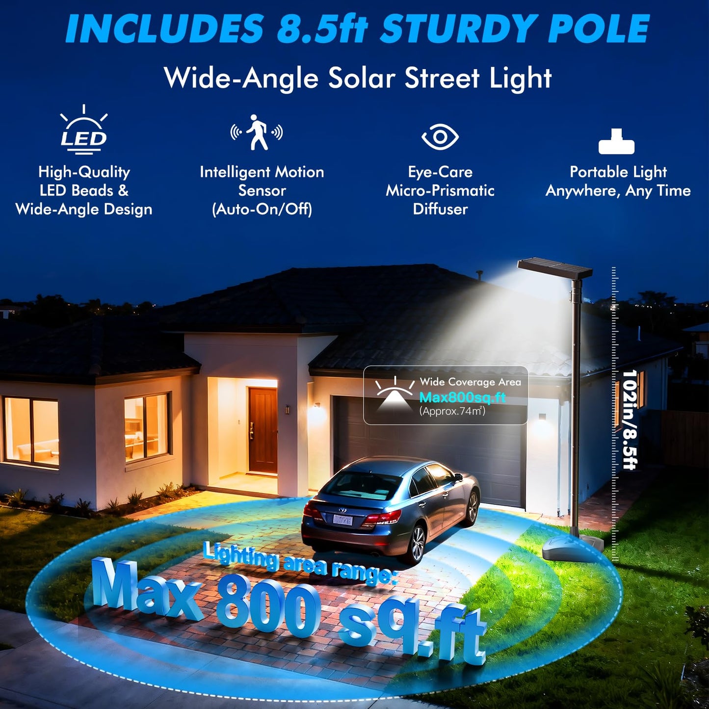 102" Solar Outdoor Street Lights with Pole & Remote, Removable IP65 Waterproof LED Solar Flood Motion Post Light, Dusk to Dawn Solar Floor Lamp for House, Yard, Garden, Patio, Lawn, Garage, Driveway