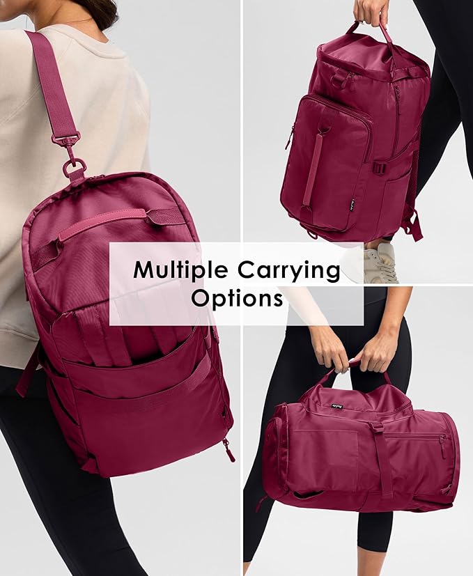 Gym Bag for Women Workout Gym Backpack with Shoe Compartment Sports Duffel Bag Multiple Pockets 30L (Rose Red)