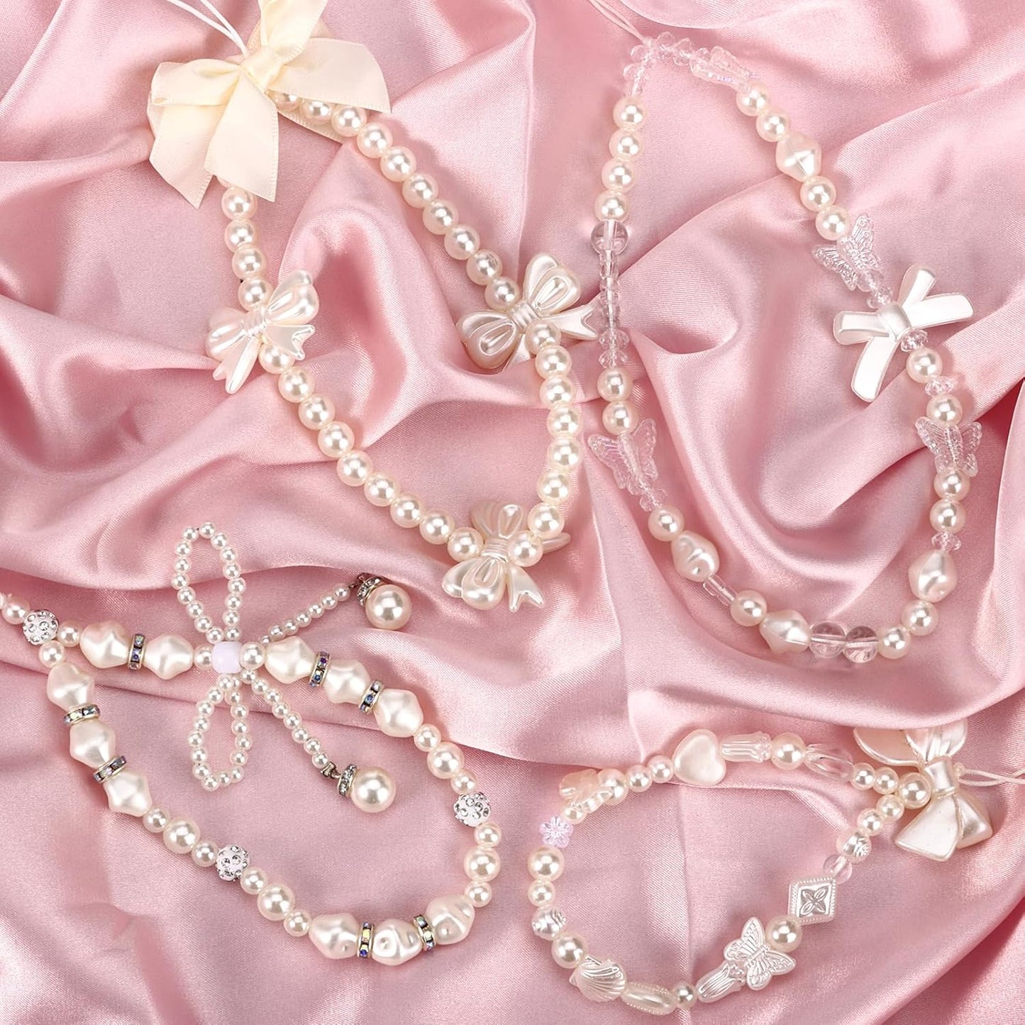 4pcs Draupnir Phone Charms Strap, Butterfly Bow Camera Strap Wrist Beaded Phone Bracelet Wrist Straps, Pearl Bracelet