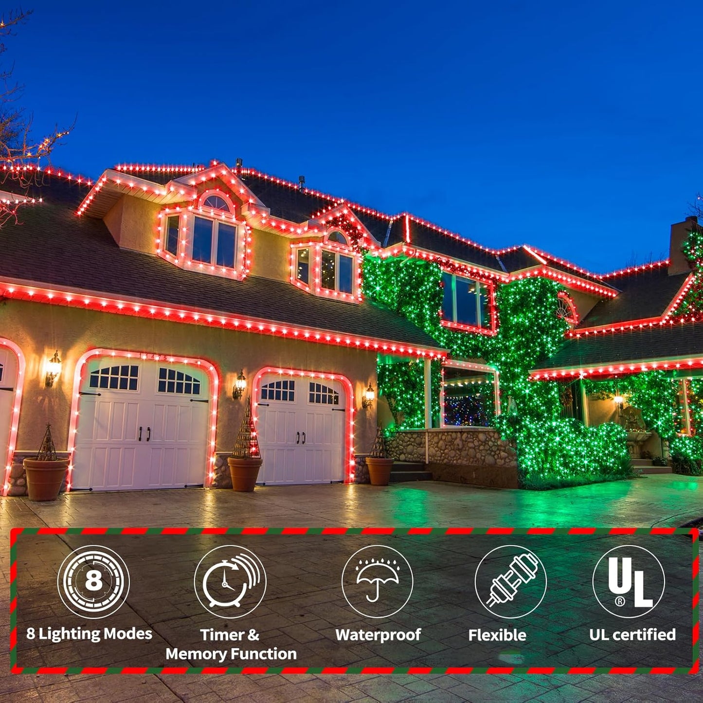Skiennix 200ft LED Rope Lights - Waterproof, Flexible Tube Lighting for Outdoor & Indoor Decor | 8 Modes, Red & Green